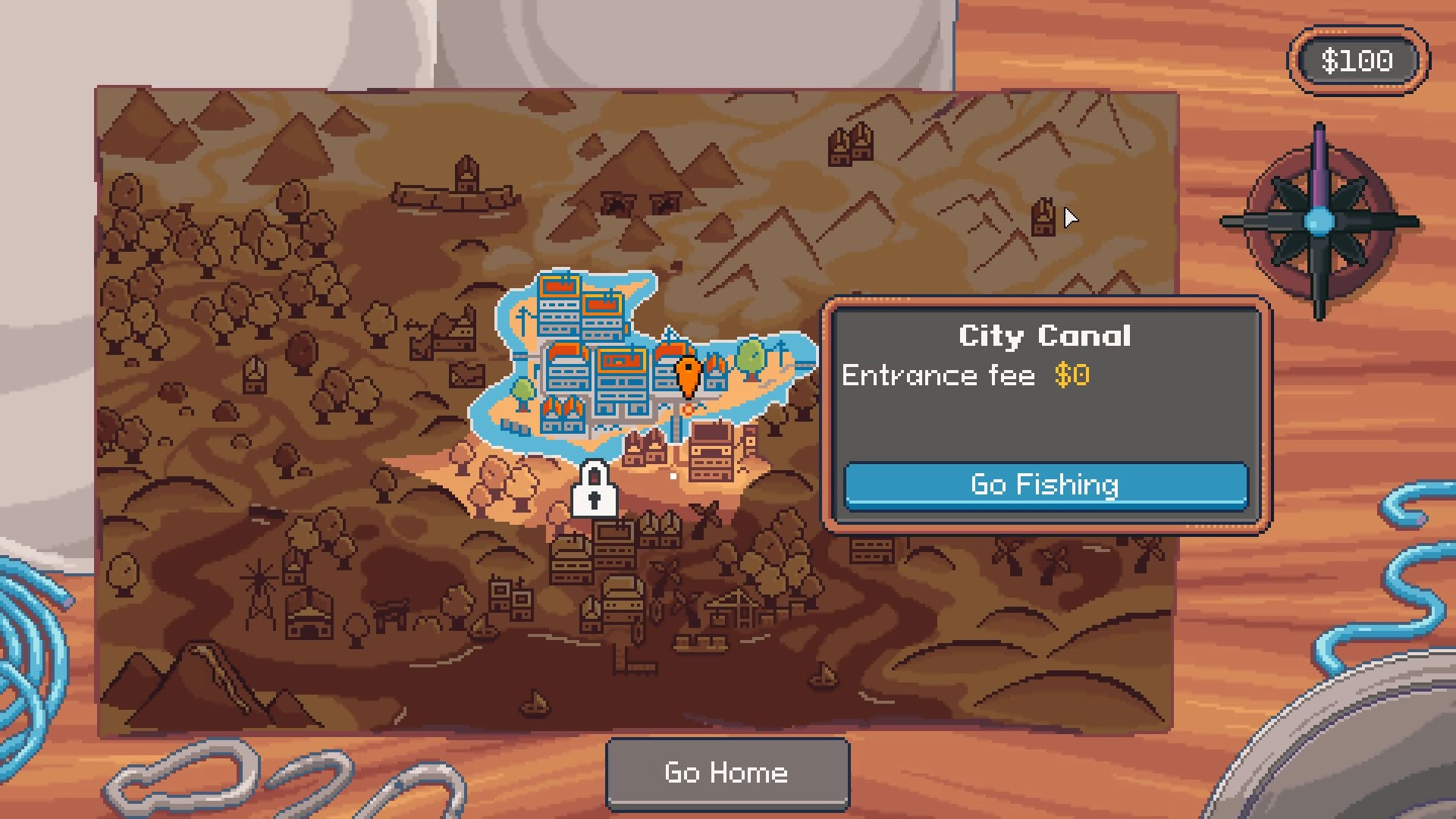 Magnetic Catch: World map with City Canal selected and Go Fishing button on wooden tabletop UI.