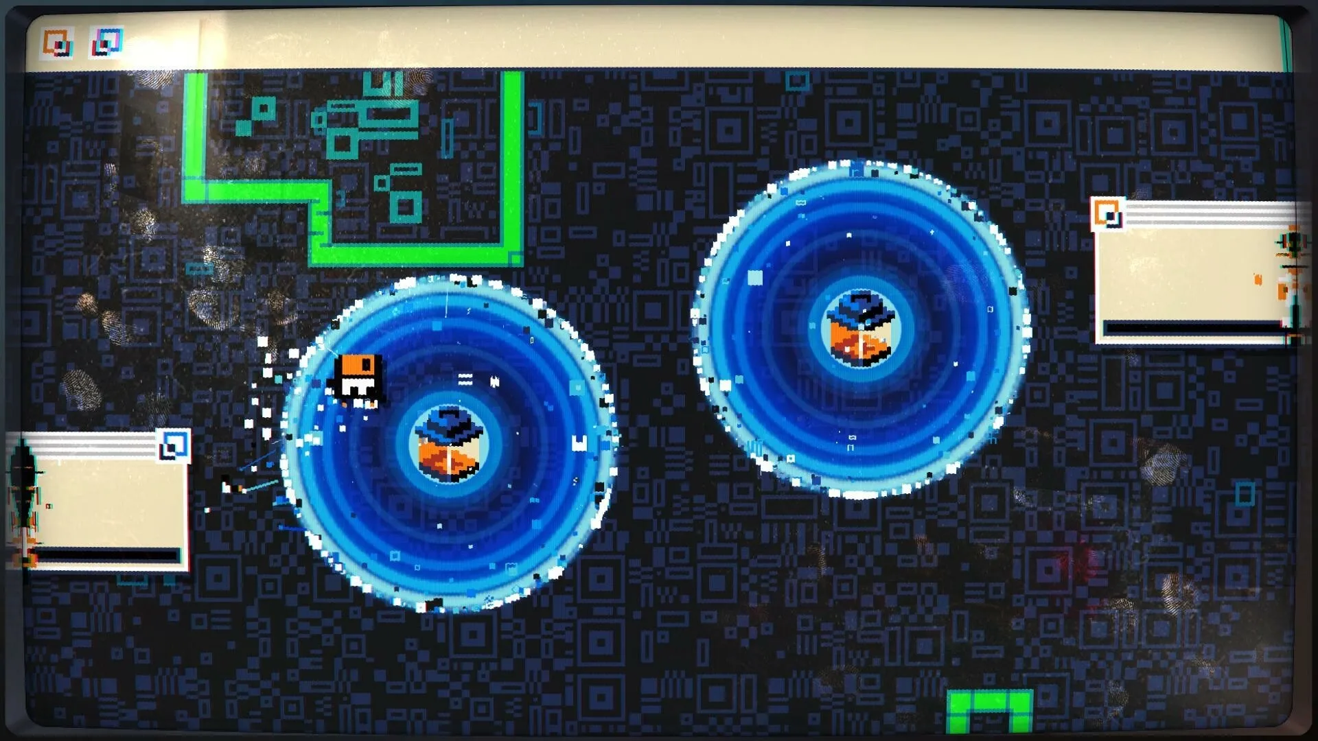 MainFrames: Floppy navigates blue vortexes on pixelated desktop with floating window elements