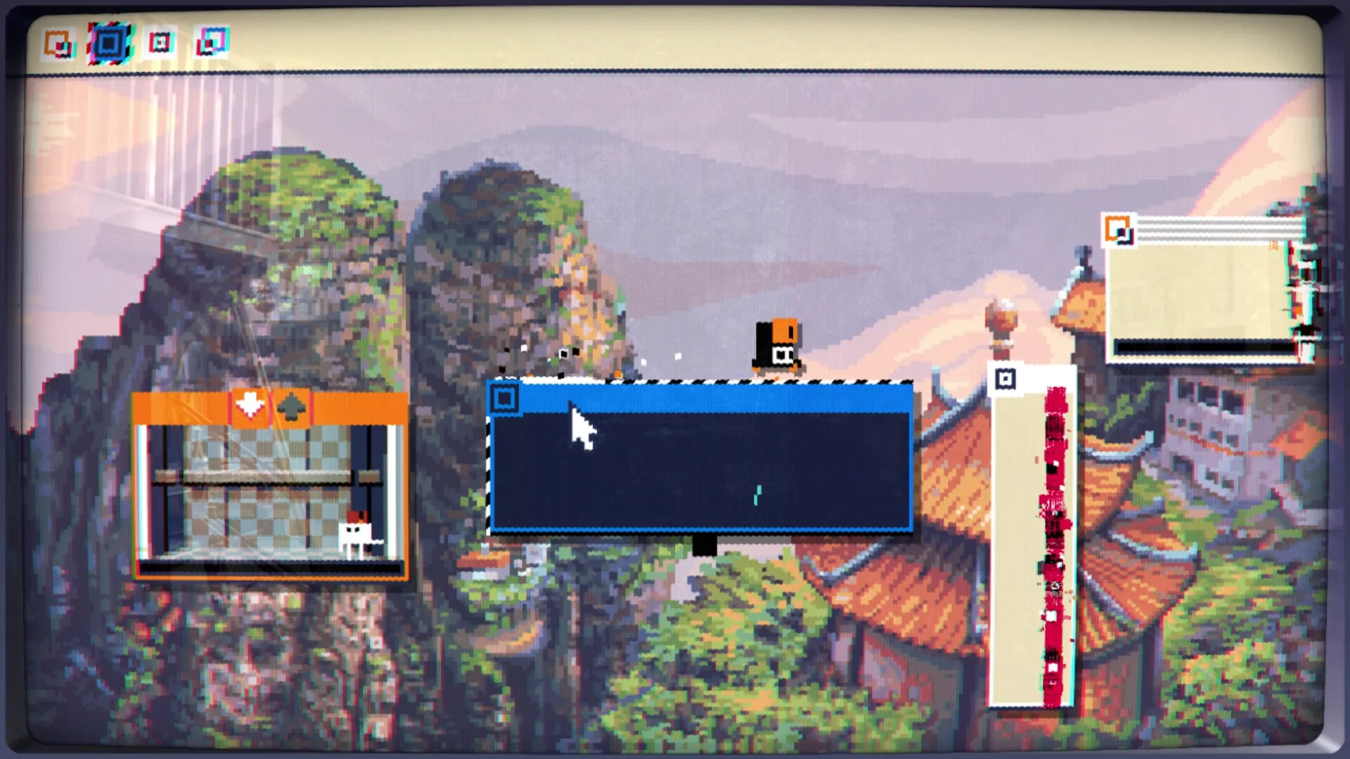 MainFrames: Floppy navigates layered windows over a pixel art mountain landscape with temples in view