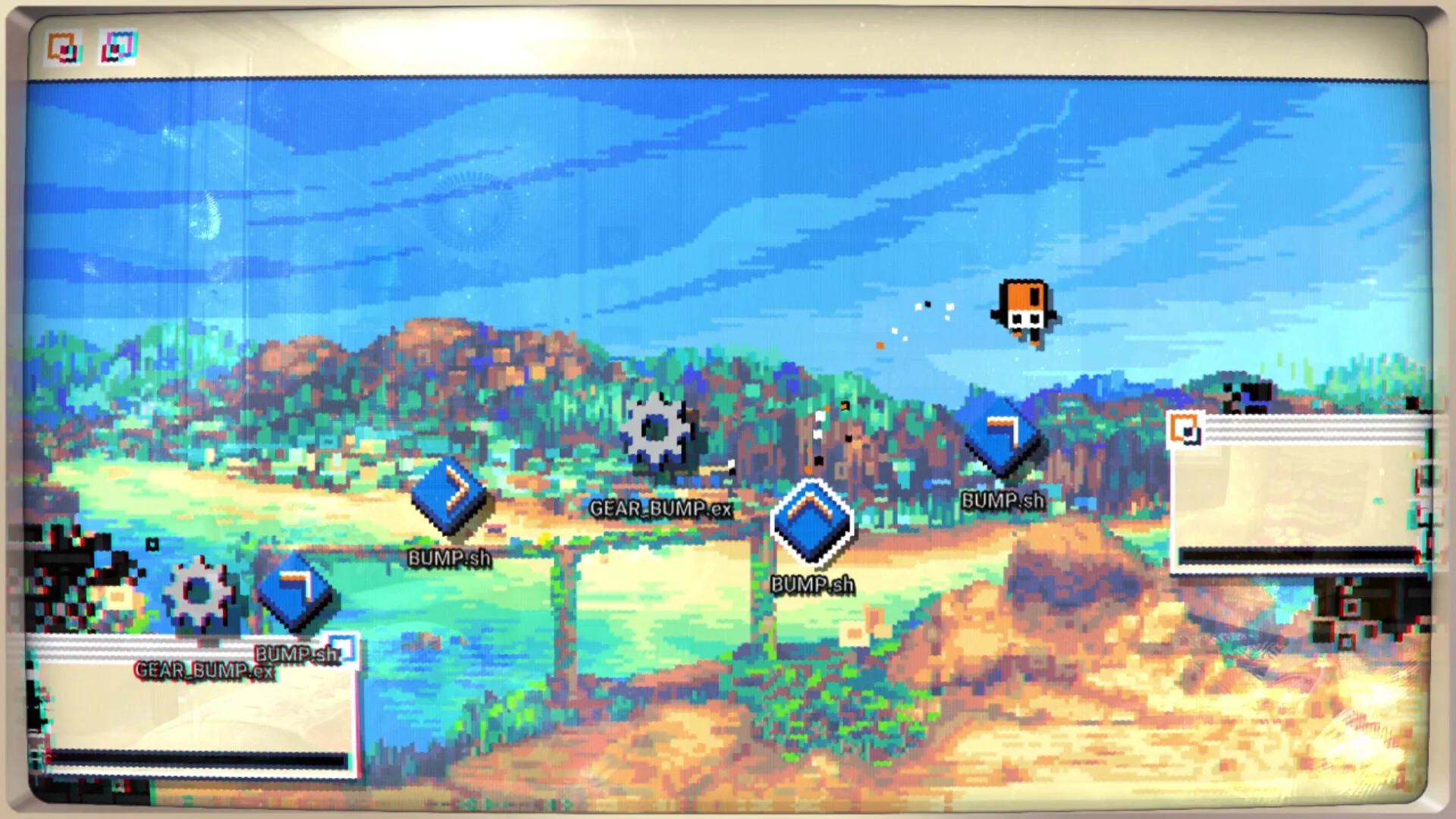 MainFrames: Floppy jumps over gear icons and files on a pixelated desktop landscape background.