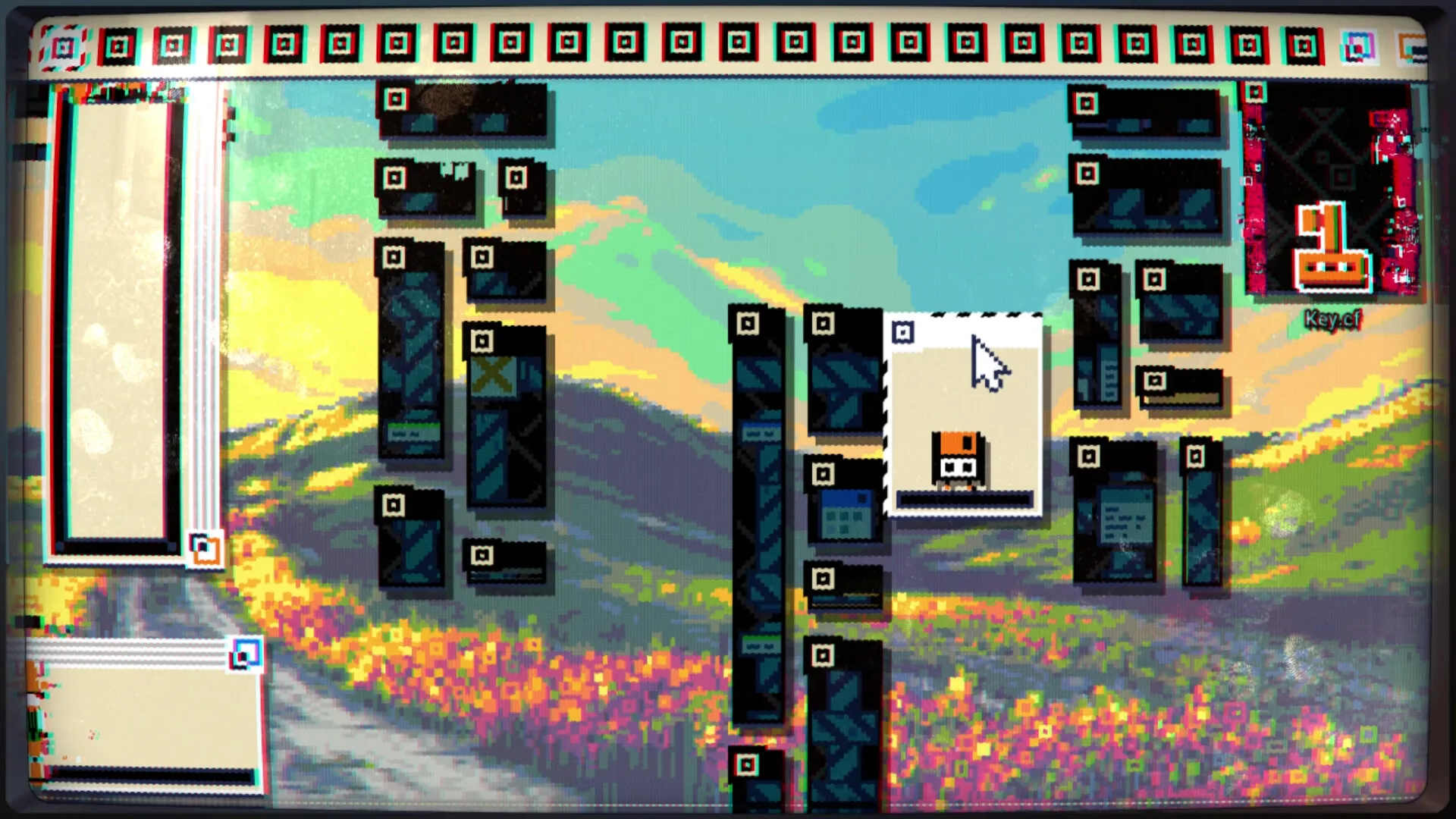 MainFrames: Floppy navigates a pixelated desktop environment with folder icons and vibrant landscape background