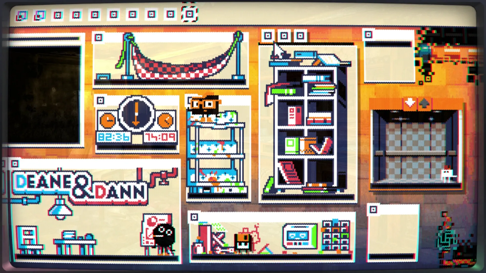 MainFrames: Floppy navigates a pixelated desktop with shelves, a hammock, and a lift in a cozy setting.