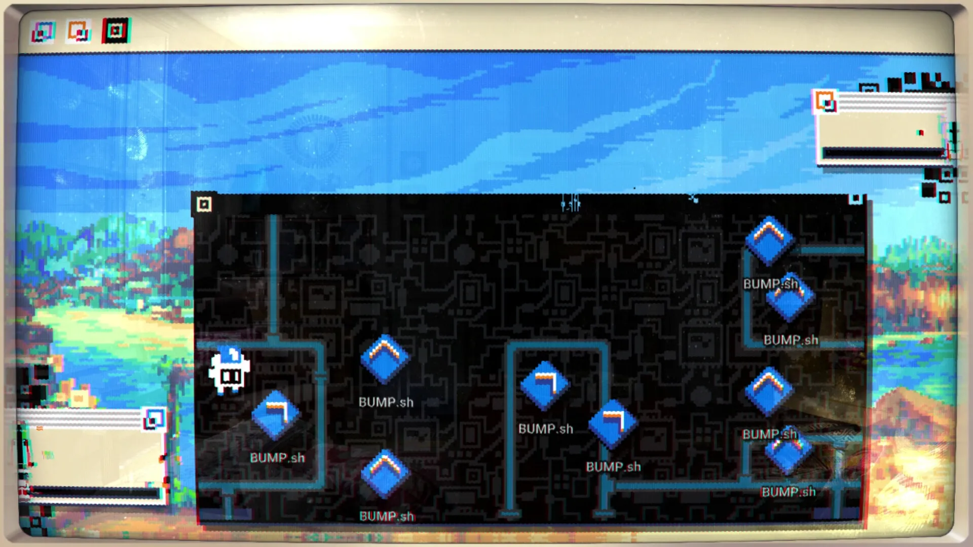 MainFrames: Floppy navigating a pixelated desktop environment with multiple BUMP.sh icons visible