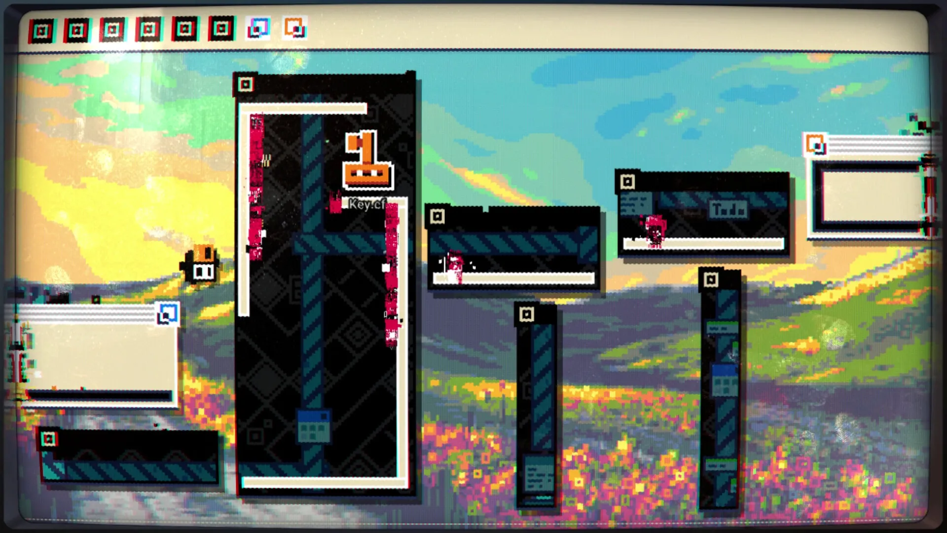 MainFrames: Floppy navigates pixel art platforms with UI windows and desktop landscape background