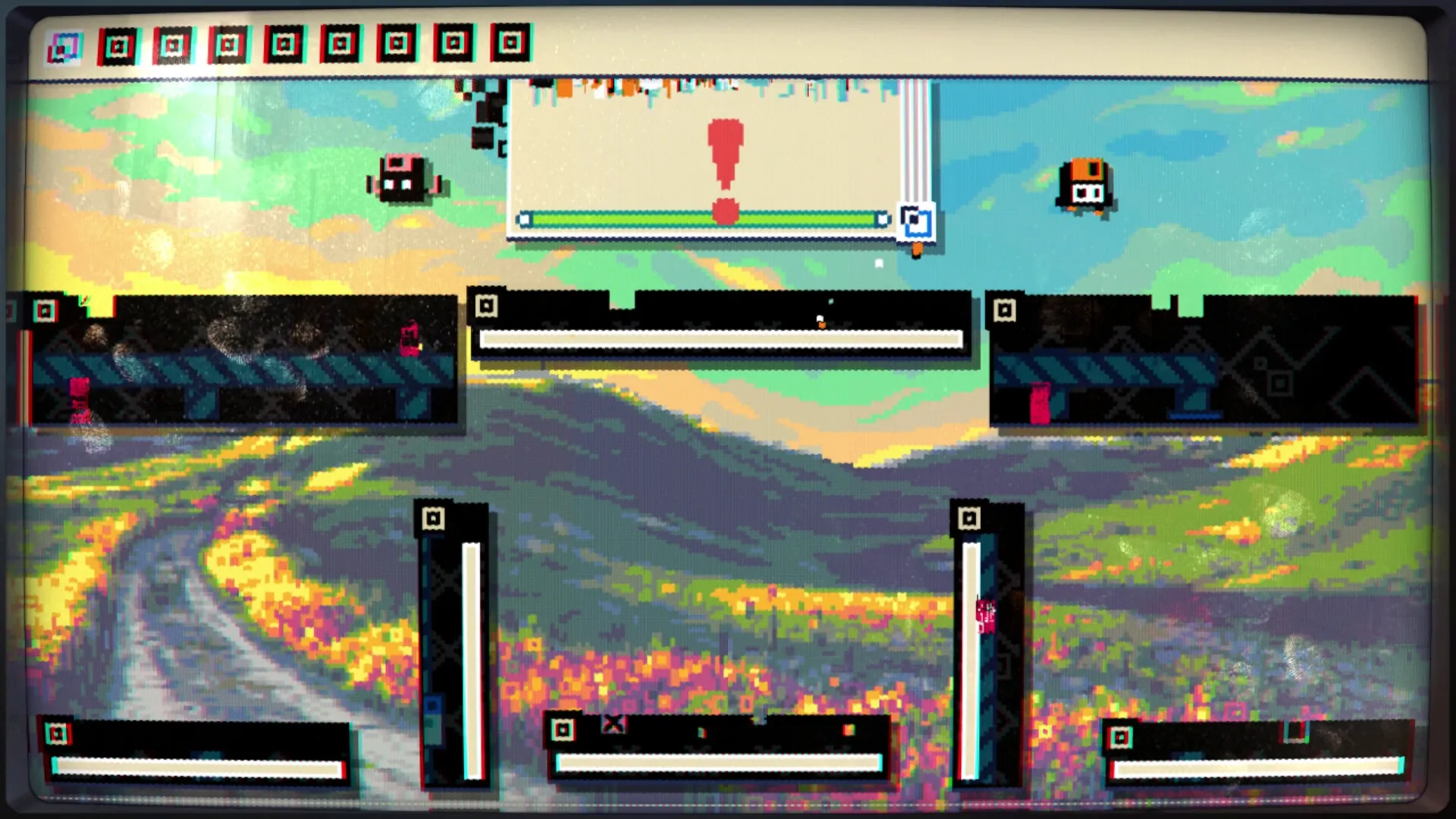 MainFrames: Floppy navigates platformer levels with a pixelated landscape and exclamation mark alert