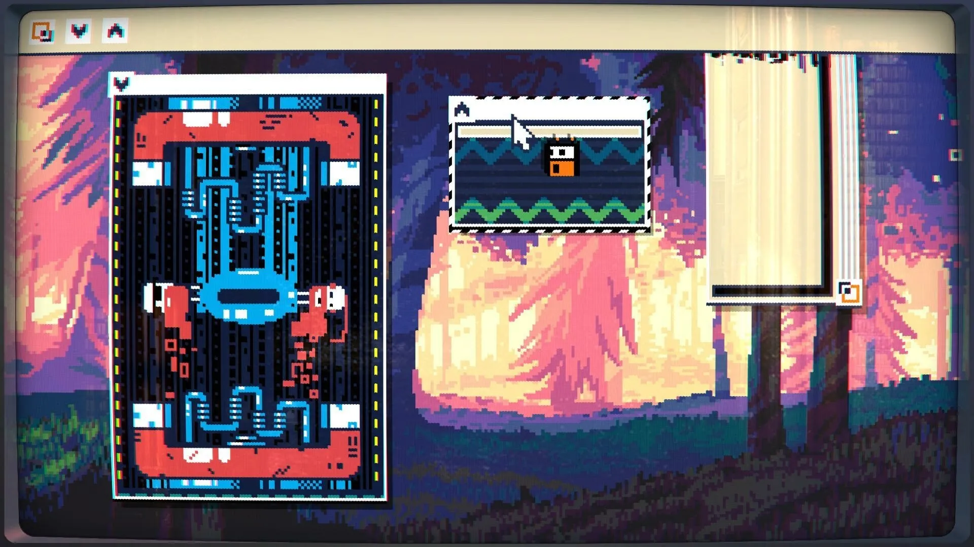 MainFrames: Floppy navigates a maze in a window overlay on a pixelated forest desktop background