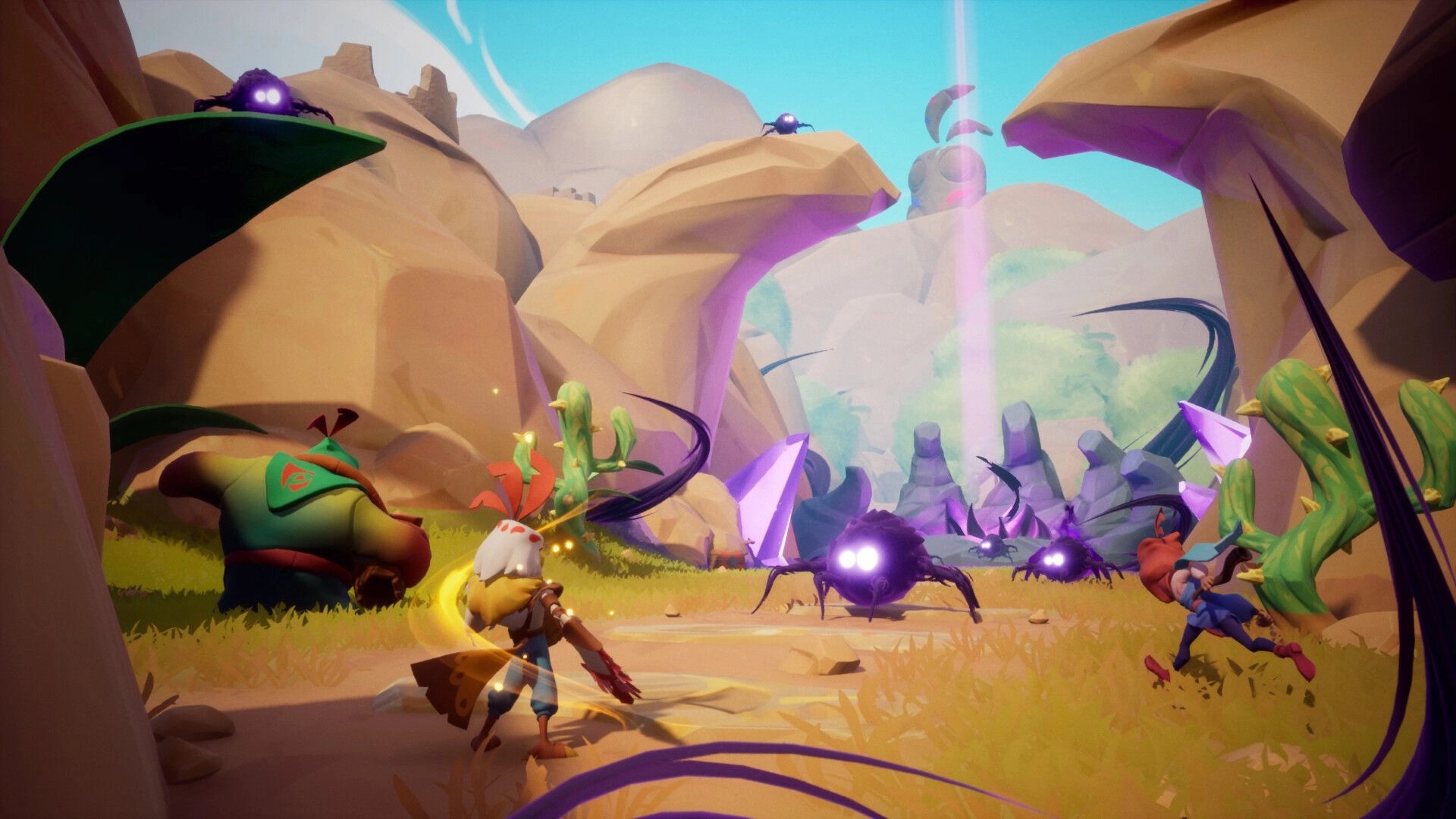 MAJJAM: Two heroes fend off glowing-eyed creatures in a vibrant canyon with scattered purple crystals.