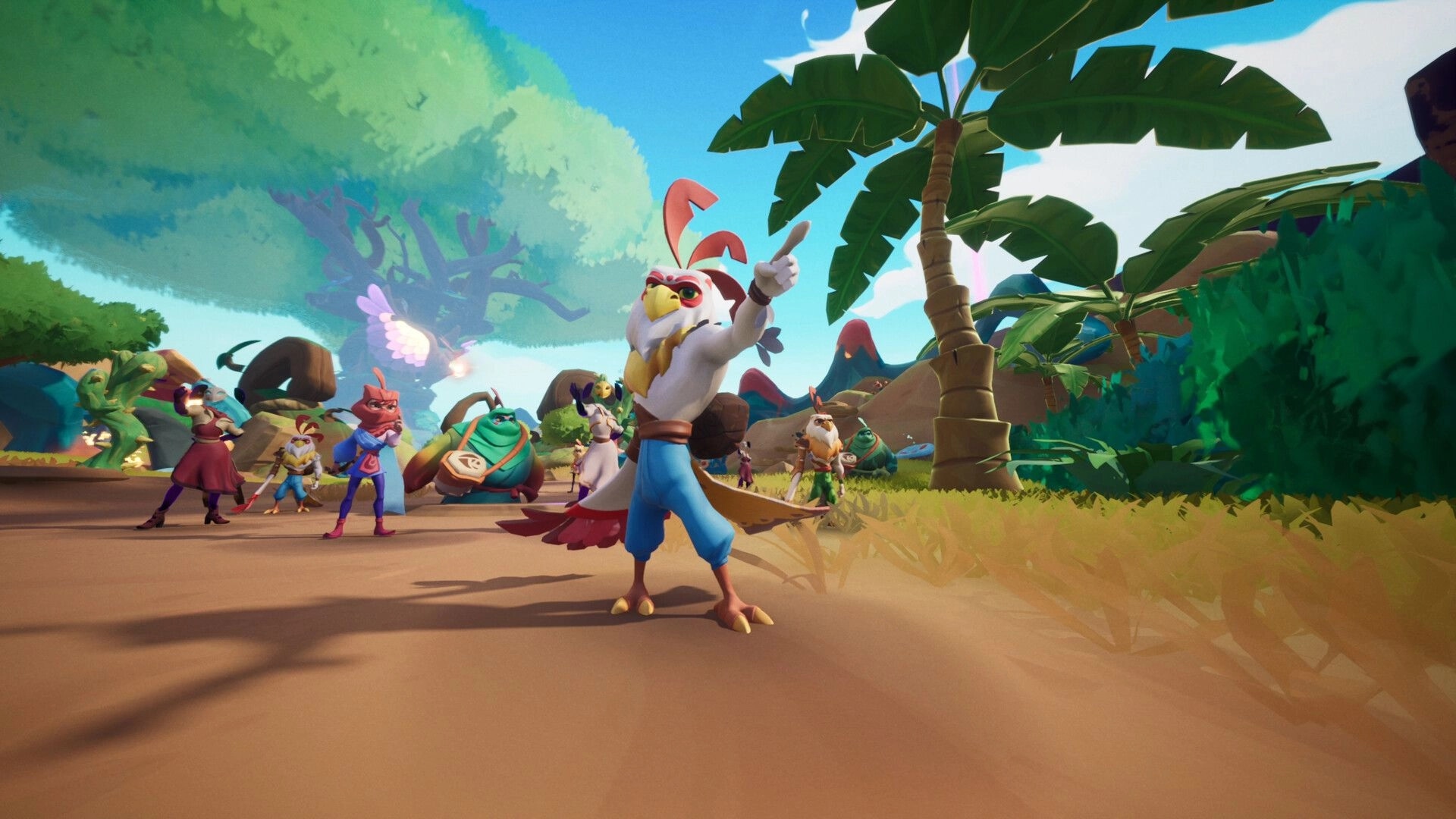 MAJJAM: Colorful animal characters pose dynamically in a lush, tropical environment with palm trees.