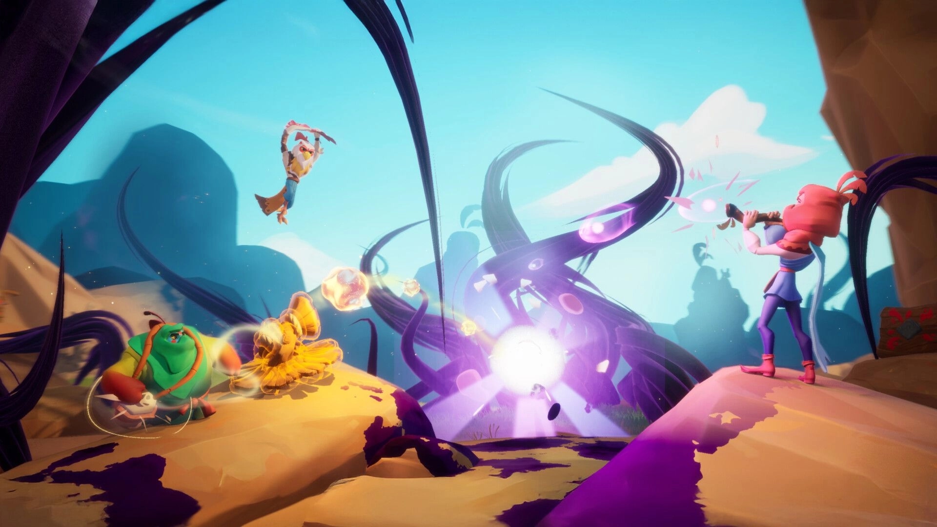 MAJJAM: Heroes use musical magic to combat dark tendrils in a vibrant canyon environment