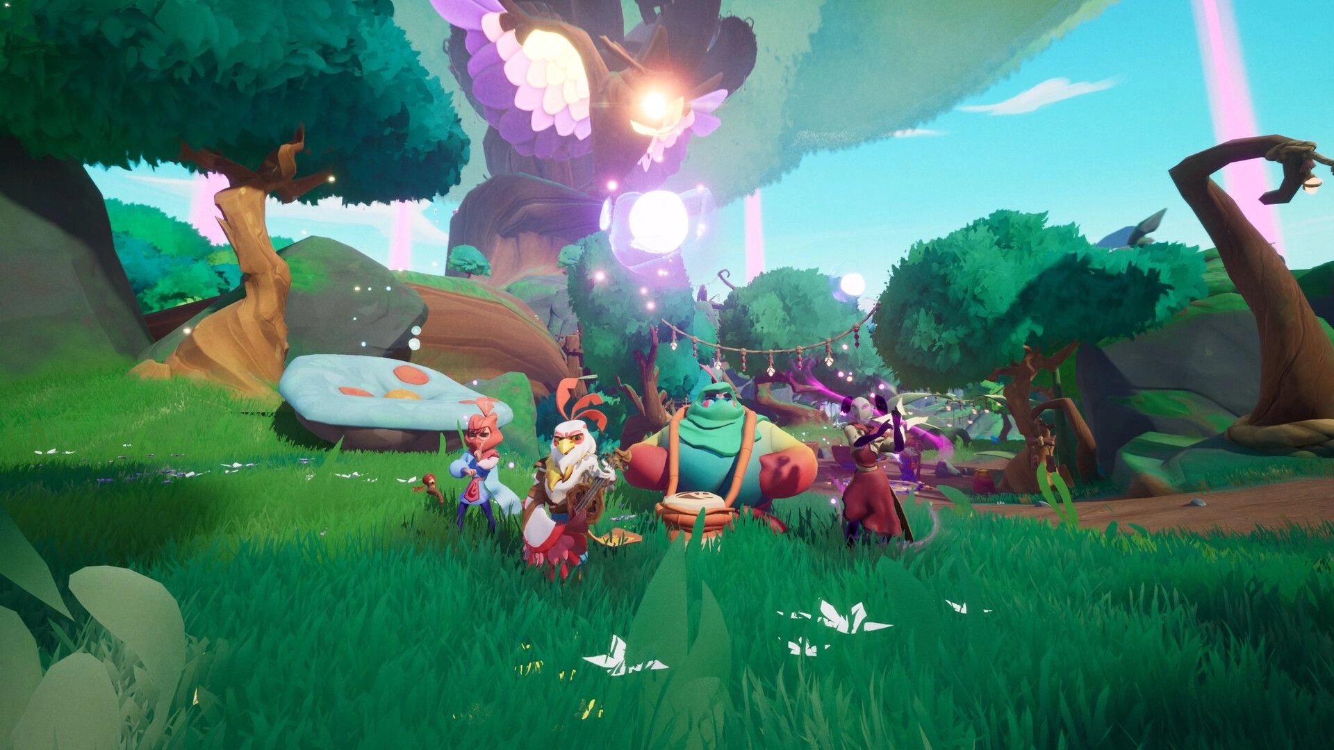 MAJJAM: Four heroes playing instruments in a vibrant forest with a glowing tree and magical lights.