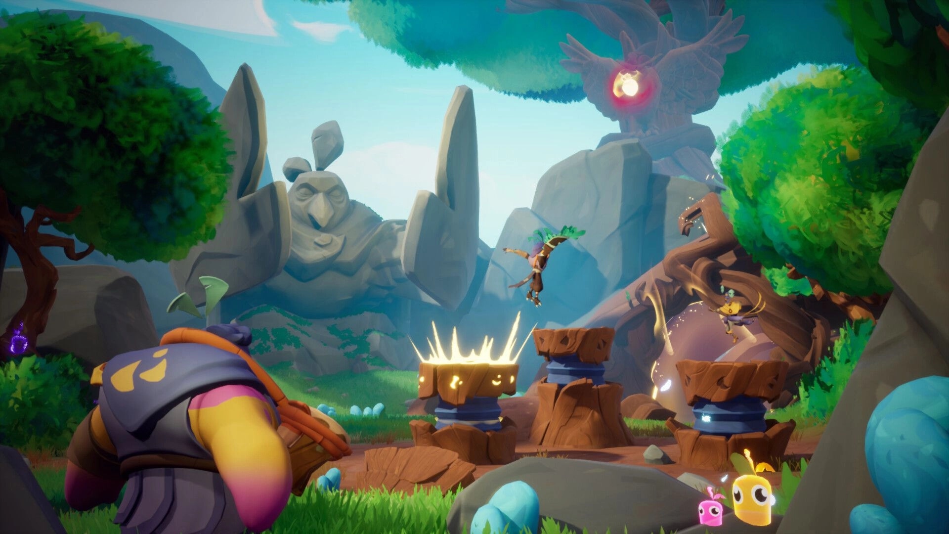 MAJJAM: Characters jumping on glowing platforms in a vibrant forest with giant stone statues and trees.