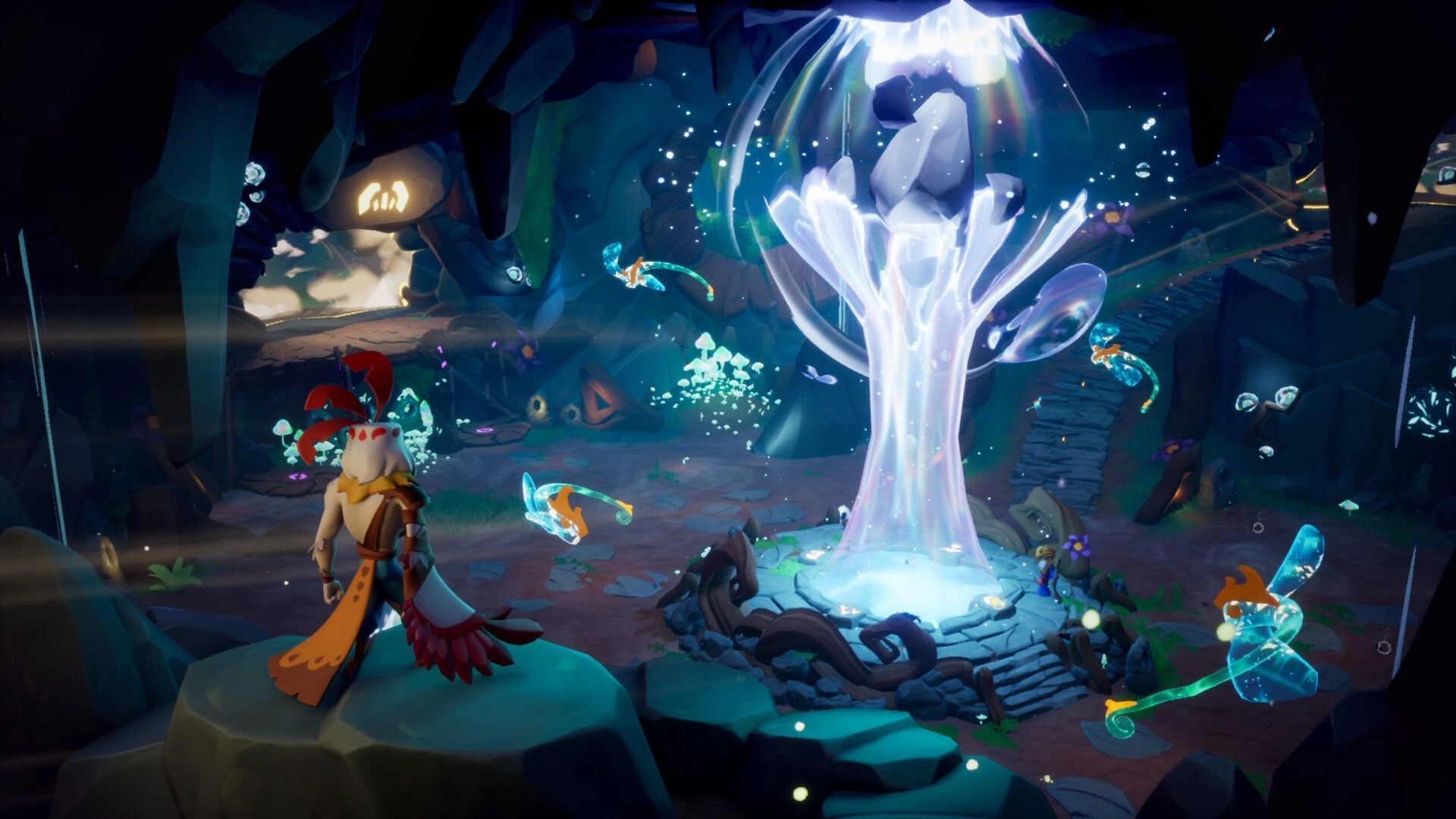 MAJJAM: Hero stands before a glowing tree in a mystical cave with floating musical creatures.