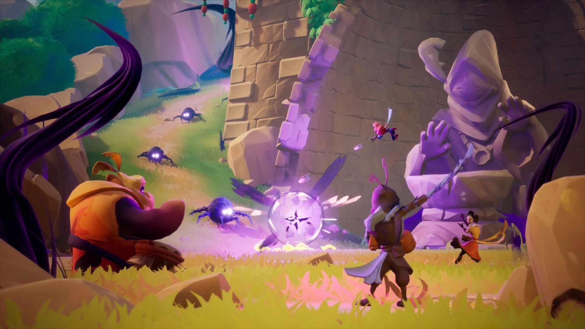 MAJJAM: Heroes battle shadow creatures near an ancient statue in a vibrant, overgrown ruin setting.