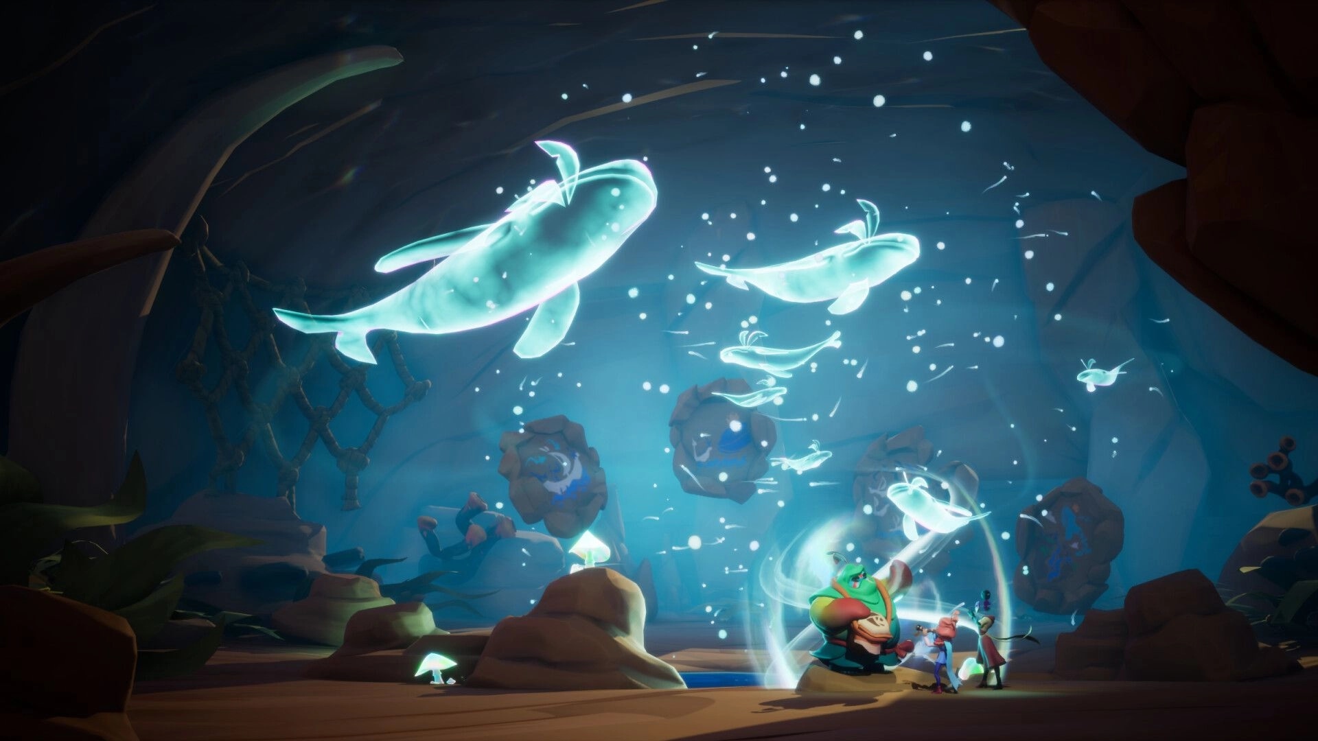 MAJJAM: Players use magical instruments to summon glowing aquatic creatures in an enchanting cave setting.