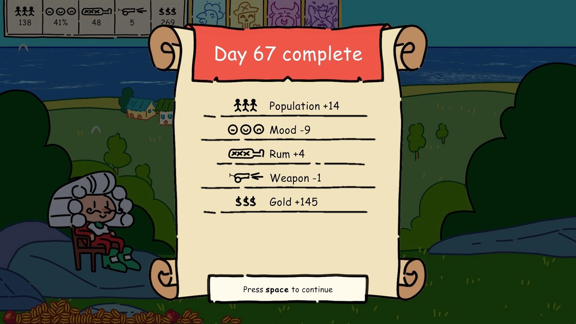 Make it so: Day 67 complete results scroll with stat changes over a seaside village landscape backdrop.