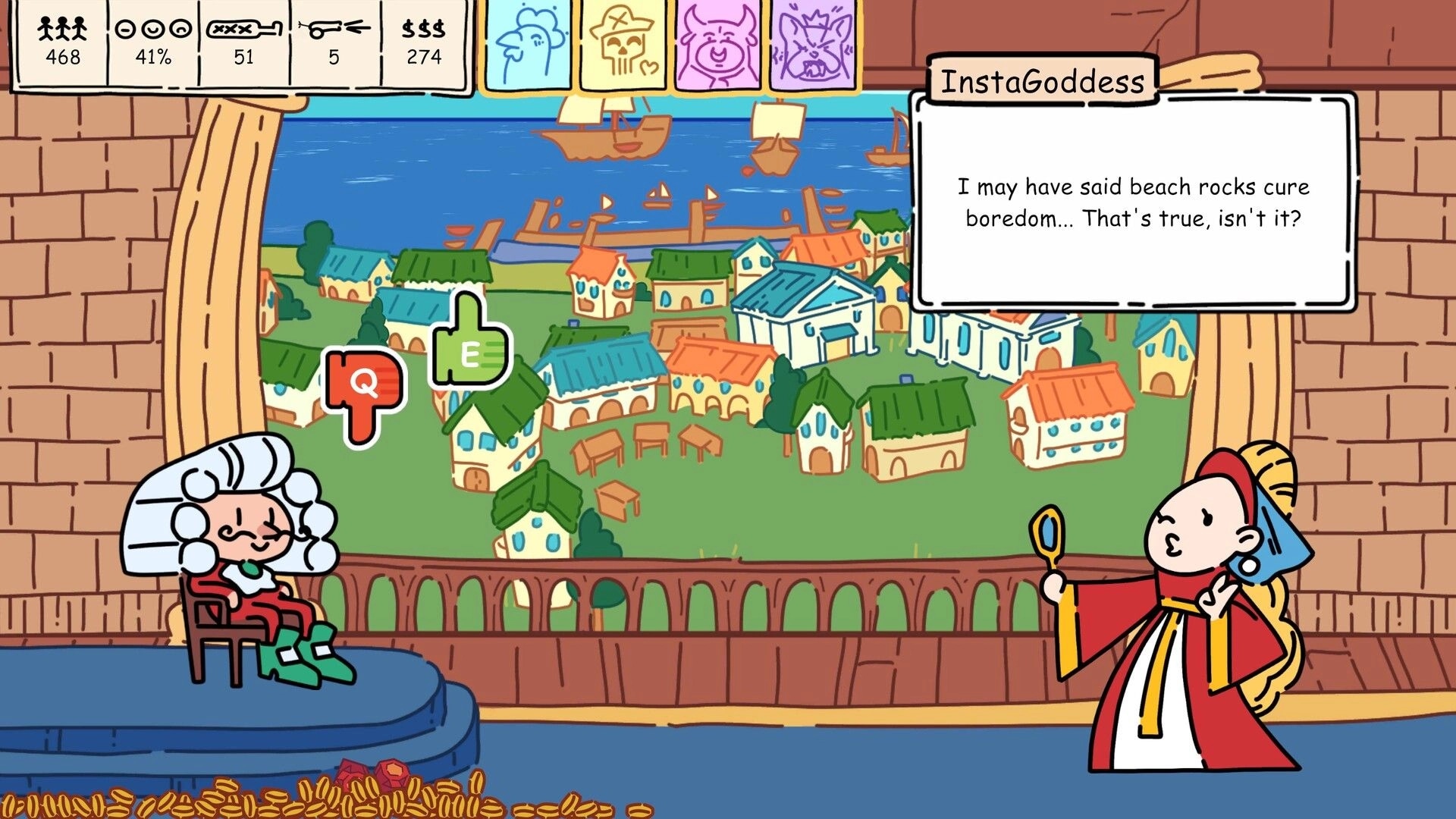 Make it so: Dialogue choice with Q and E prompts as InstaGoddess talks over a seaside town view.