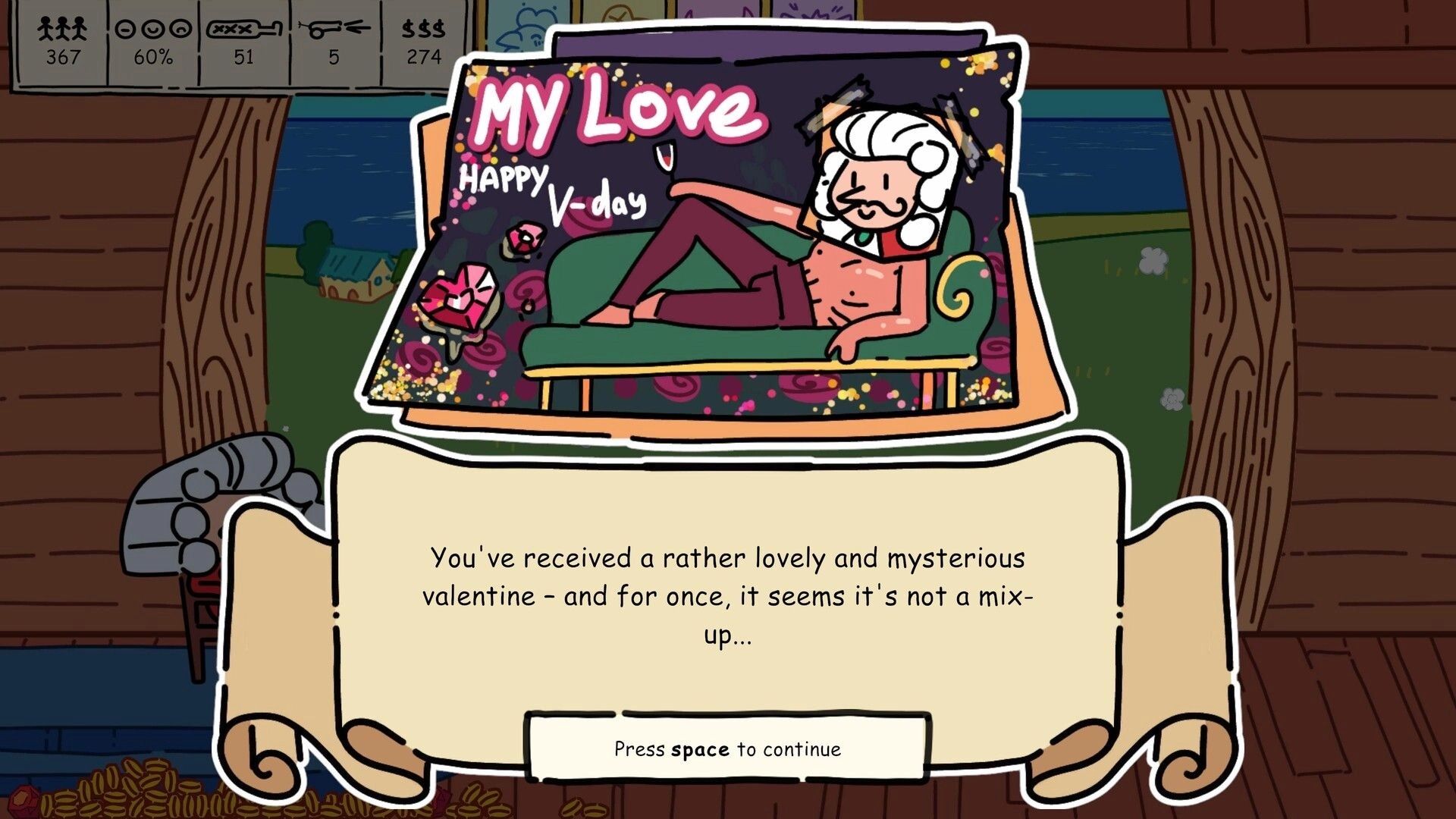 Make it so: Valentine card pop-up with lounging cartoon figure and message box in wooden cabin UI.