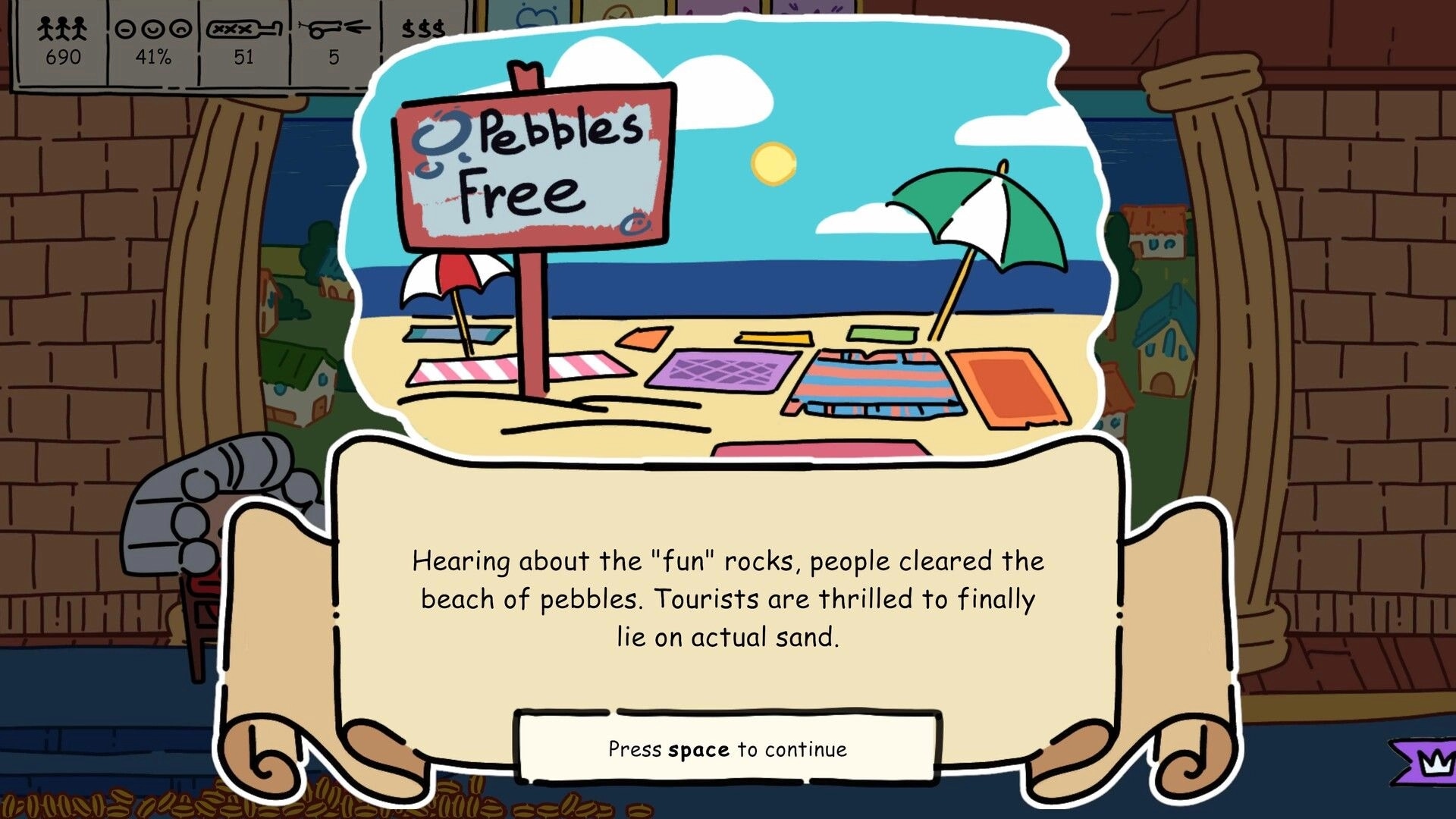 Make it so: Pop-up event about pebbles removed from beach, with beach illustration and HUD at top.