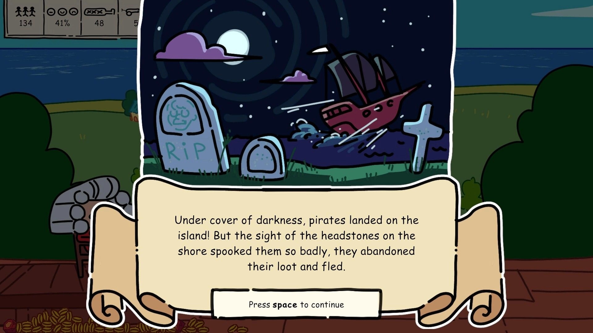 Make it so: Event text popup about pirates fleeing, with graveyard shore illustration at night.