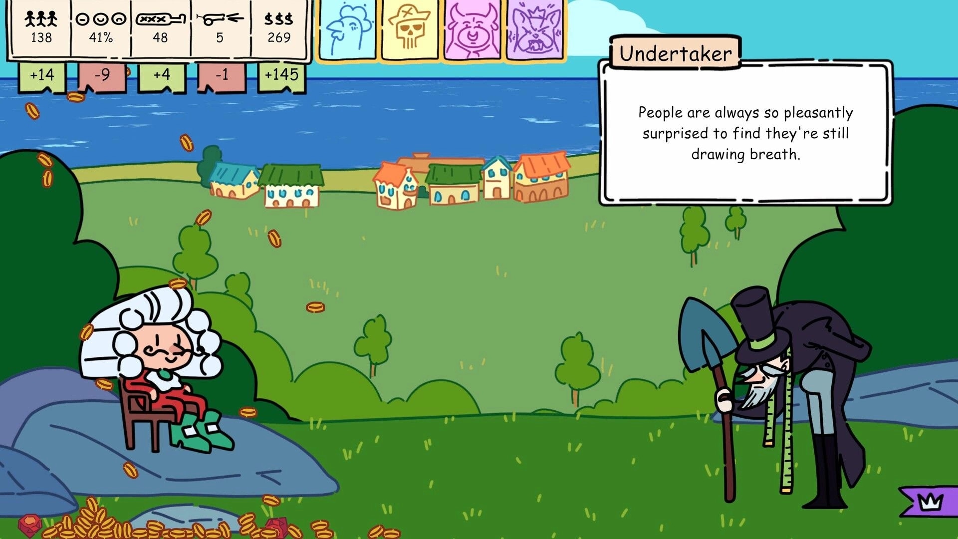 Make it so: Undertaker dialogue popup over village view with old lady on chair and stat bar UI.