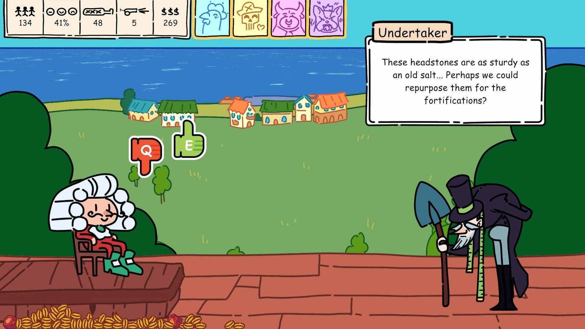 Make it so: Undertaker dialogue choice popup over seaside village view with stats bar and Q/E prompts.