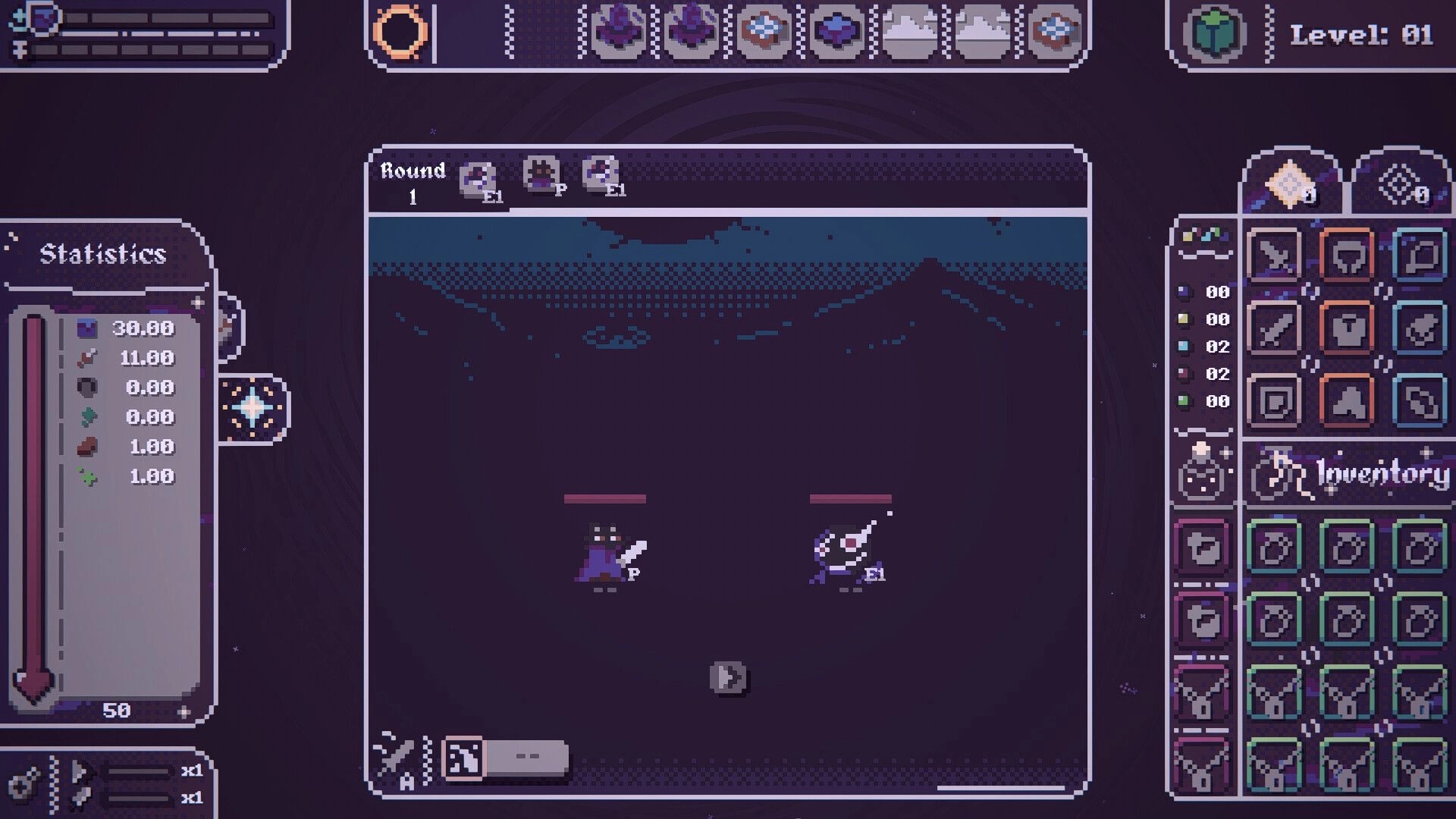 Make your Move: Combat scene with inventory and statistics displayed in a pixel art dungeon setting