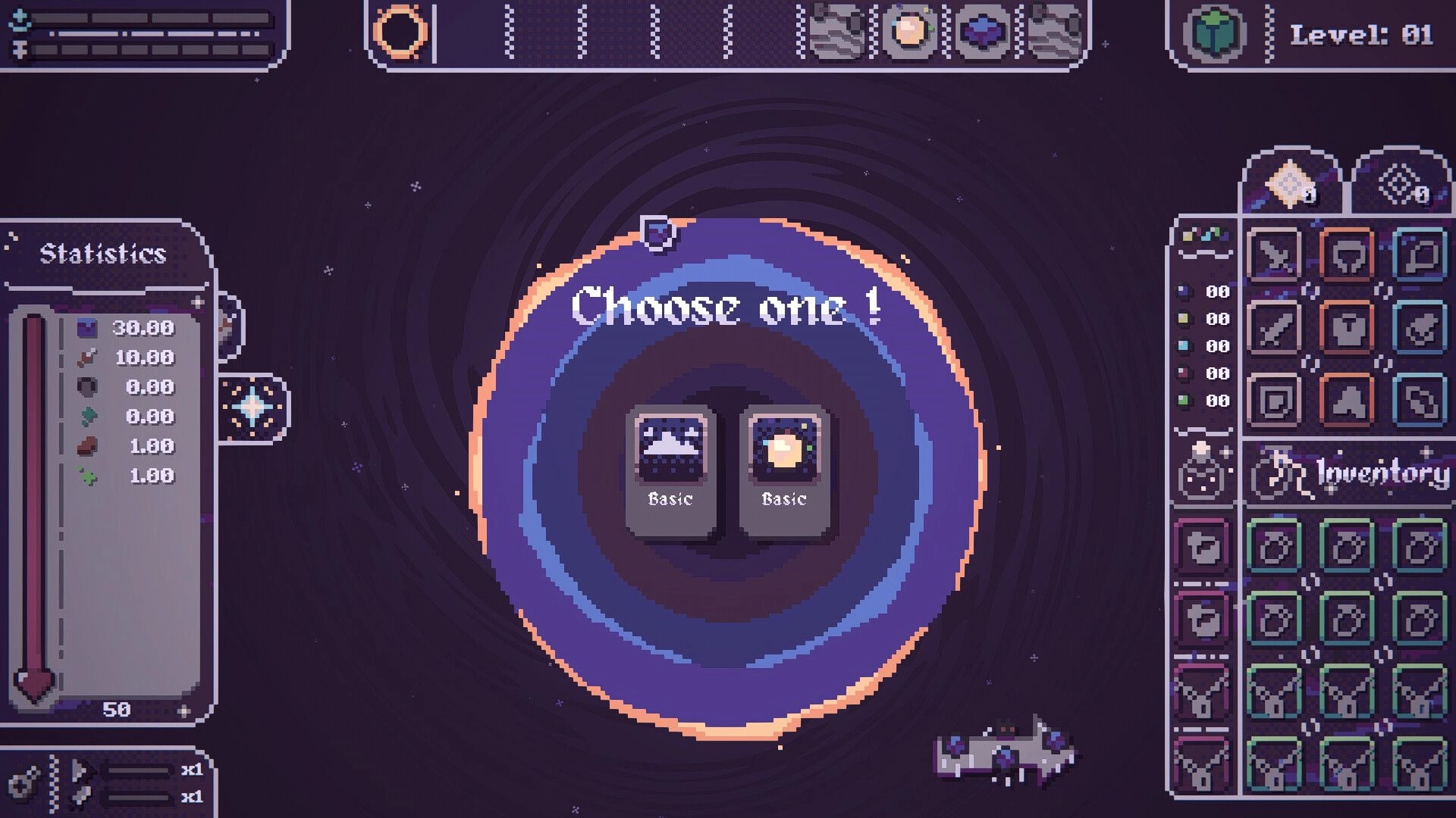 Make your Move: Card selection screen with statistics and inventory in a cosmic, swirling void setting
