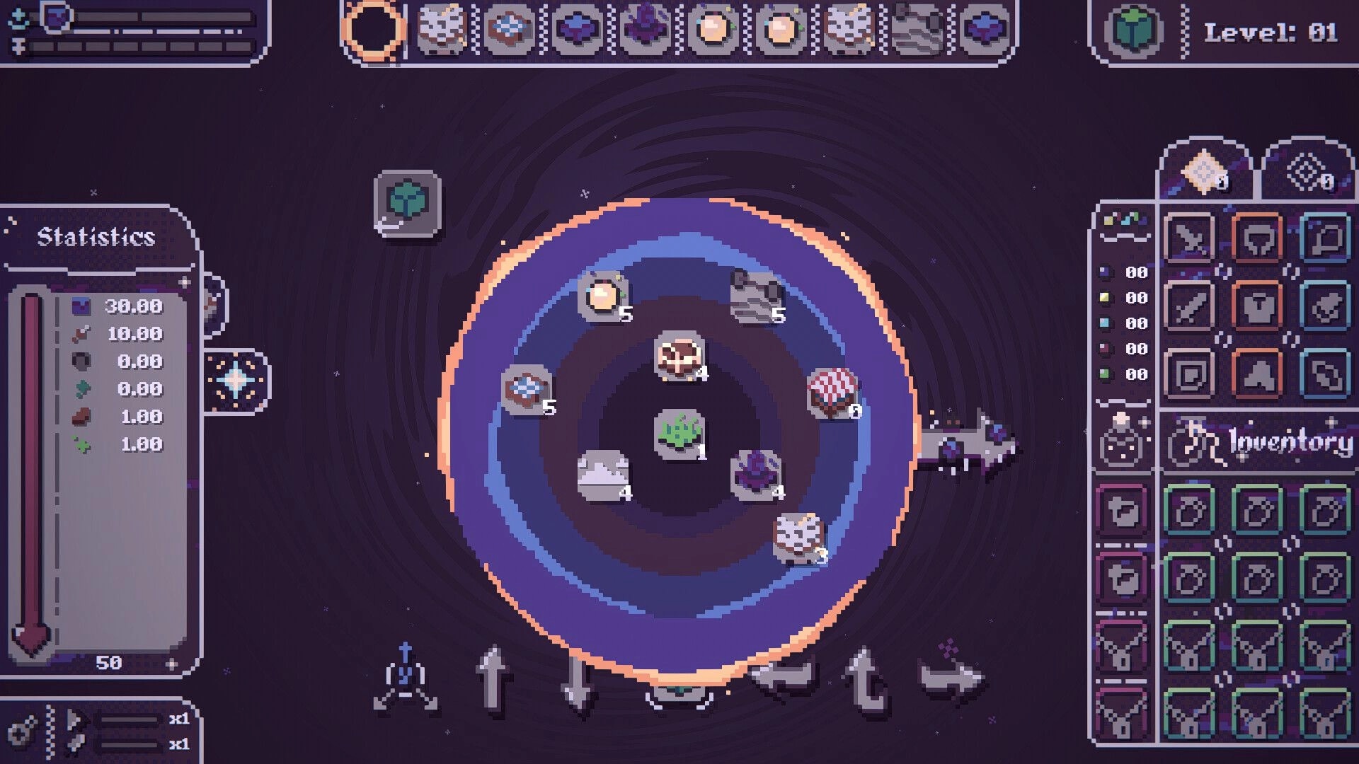 Make your Move: Circular map interface with stats, inventory, and various resource icons in deep space.