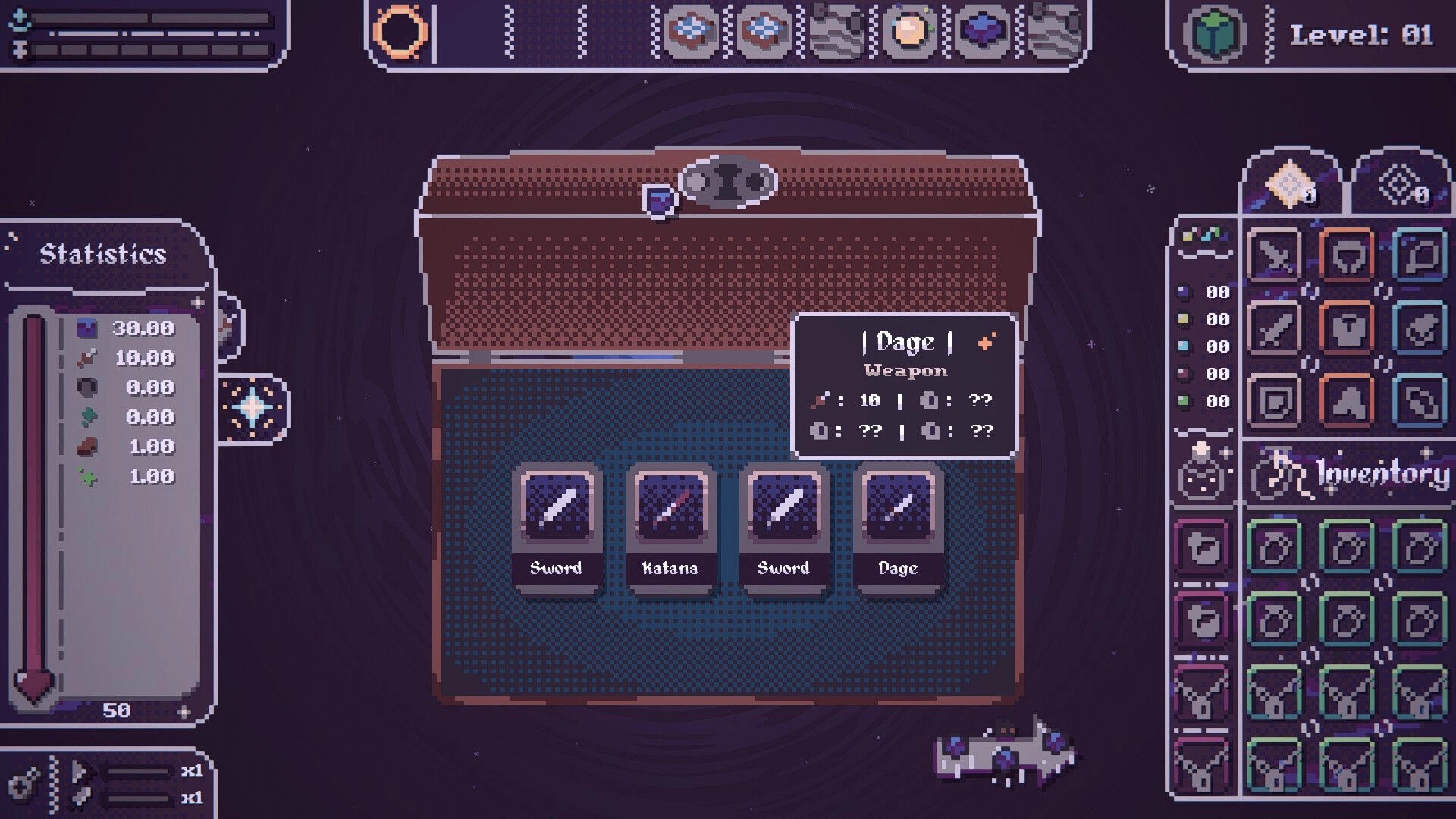 Make your Move: Inventory and statistics screen with weapon selection options in a dark interface