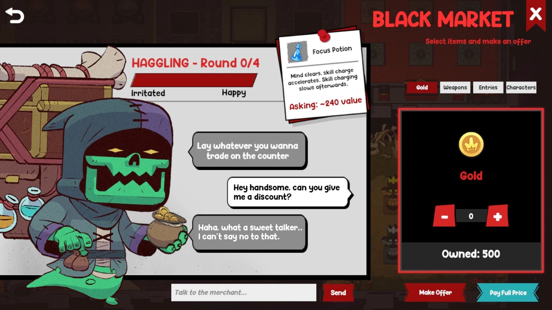 Make'Em Mayhem: Black Market haggling with hooded merchant, gold offer slider, Focus Potion card UI.