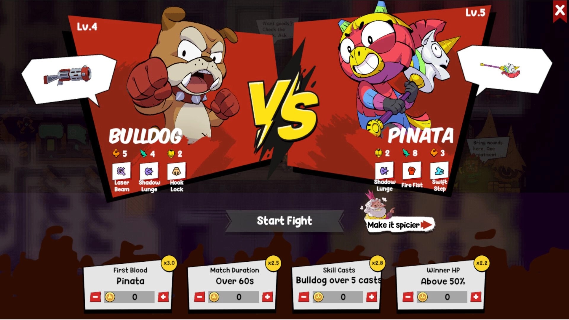 Make'Em Mayhem: Bulldog vs Pinata matchup screen with skills, wagers, and Start Fight button UI.