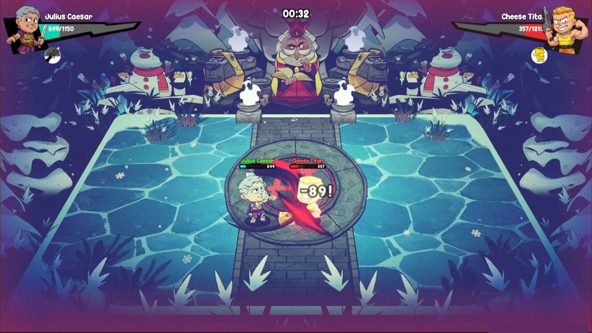 Make'Em Mayhem: Julius Caesar hits Cheese Titan in icy arena, timer and health bars overhead.