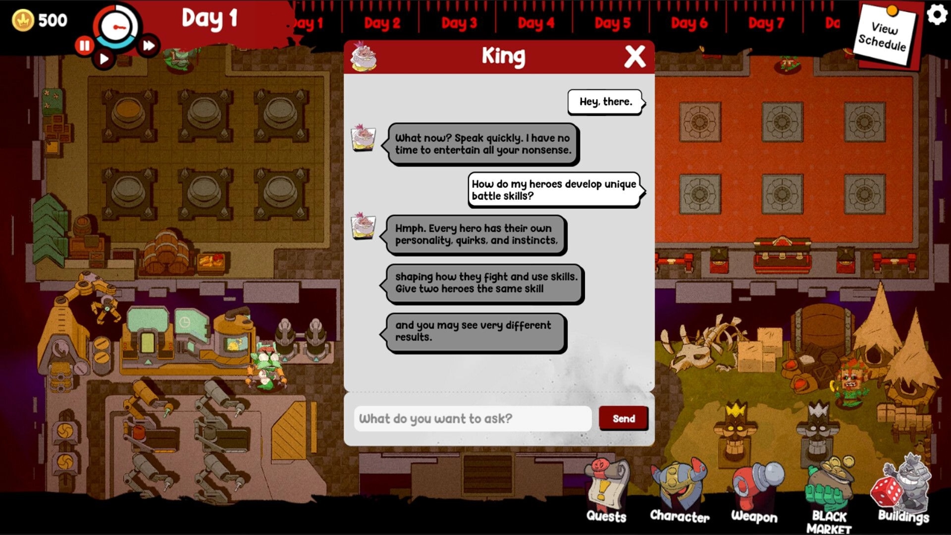 Make'Em Mayhem: Chat dialog with the King over base map, Day 1 HUD and bottom menu icons visible.