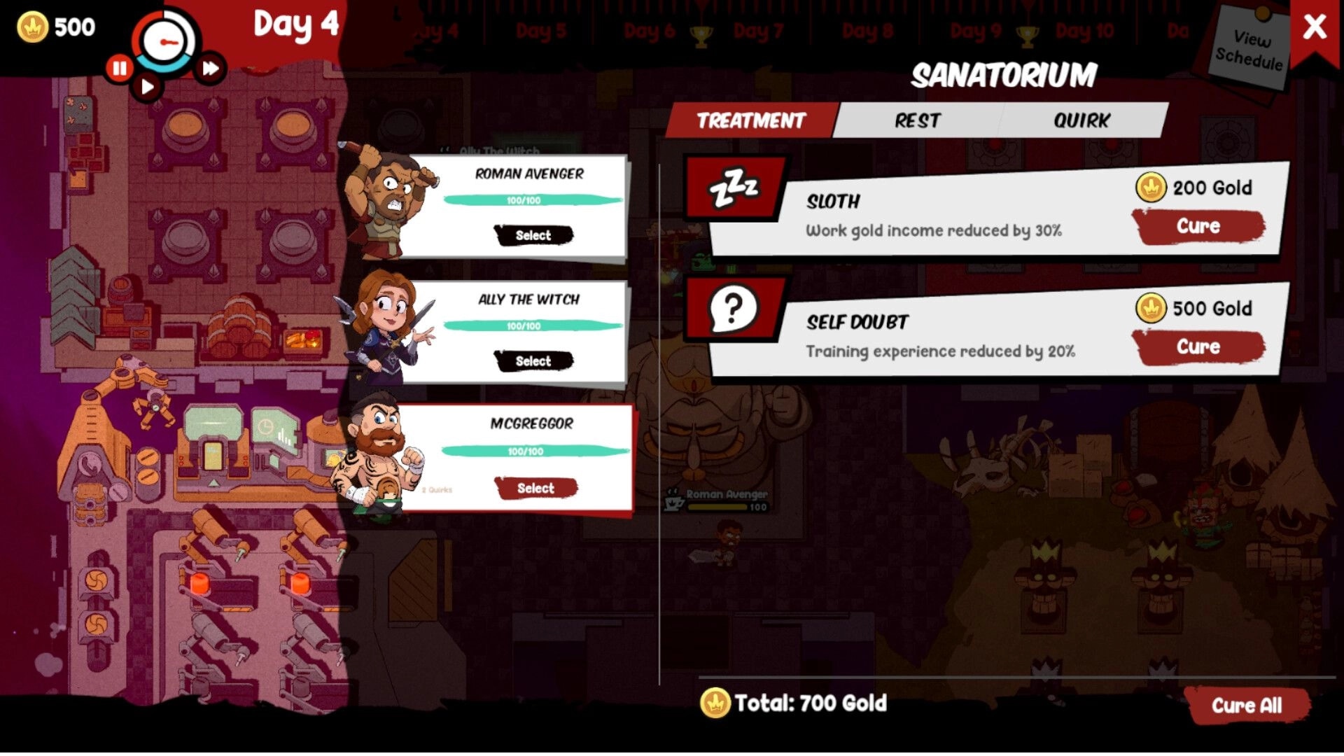 Make'Em Mayhem: Sanatorium treatment menu curing quirks for Roman Avenger, Ally the Witch, McGreggor.