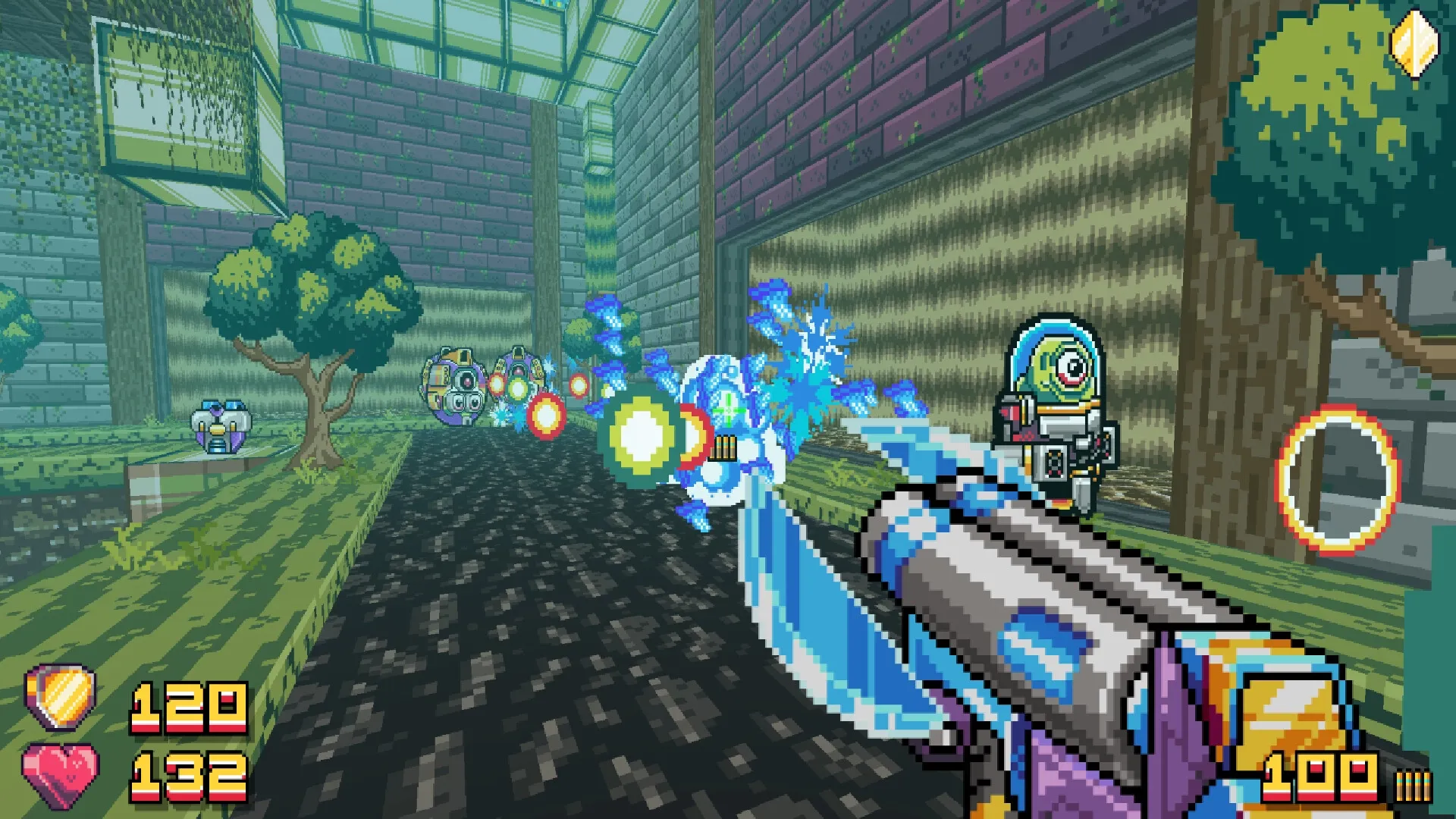 Mala Petaka: First-person combat with Petaka firing at one-eyed aliens in a pixelated alleyway