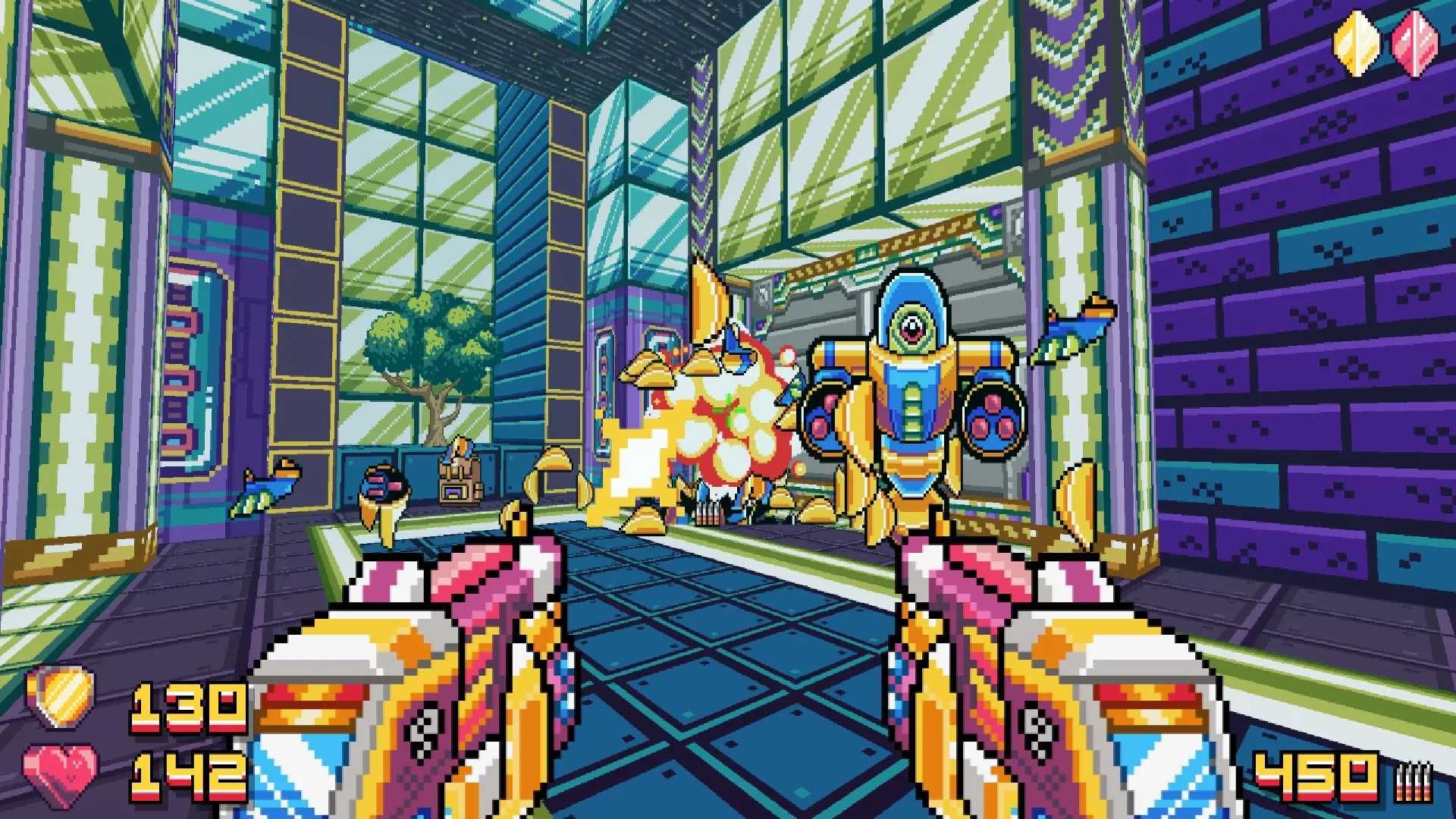 Mala Petaka: Petaka firing dual pistols at one-eyed alien drone in colorful, futuristic room setting