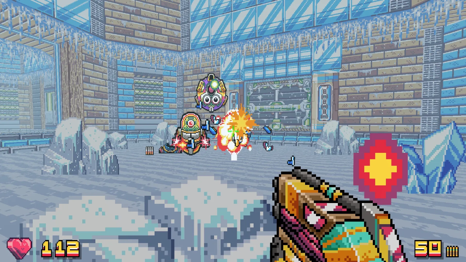 Mala Petaka: Petaka shooting at one-eyed aliens in a frosty, sci-fi facility with health and ammo UI