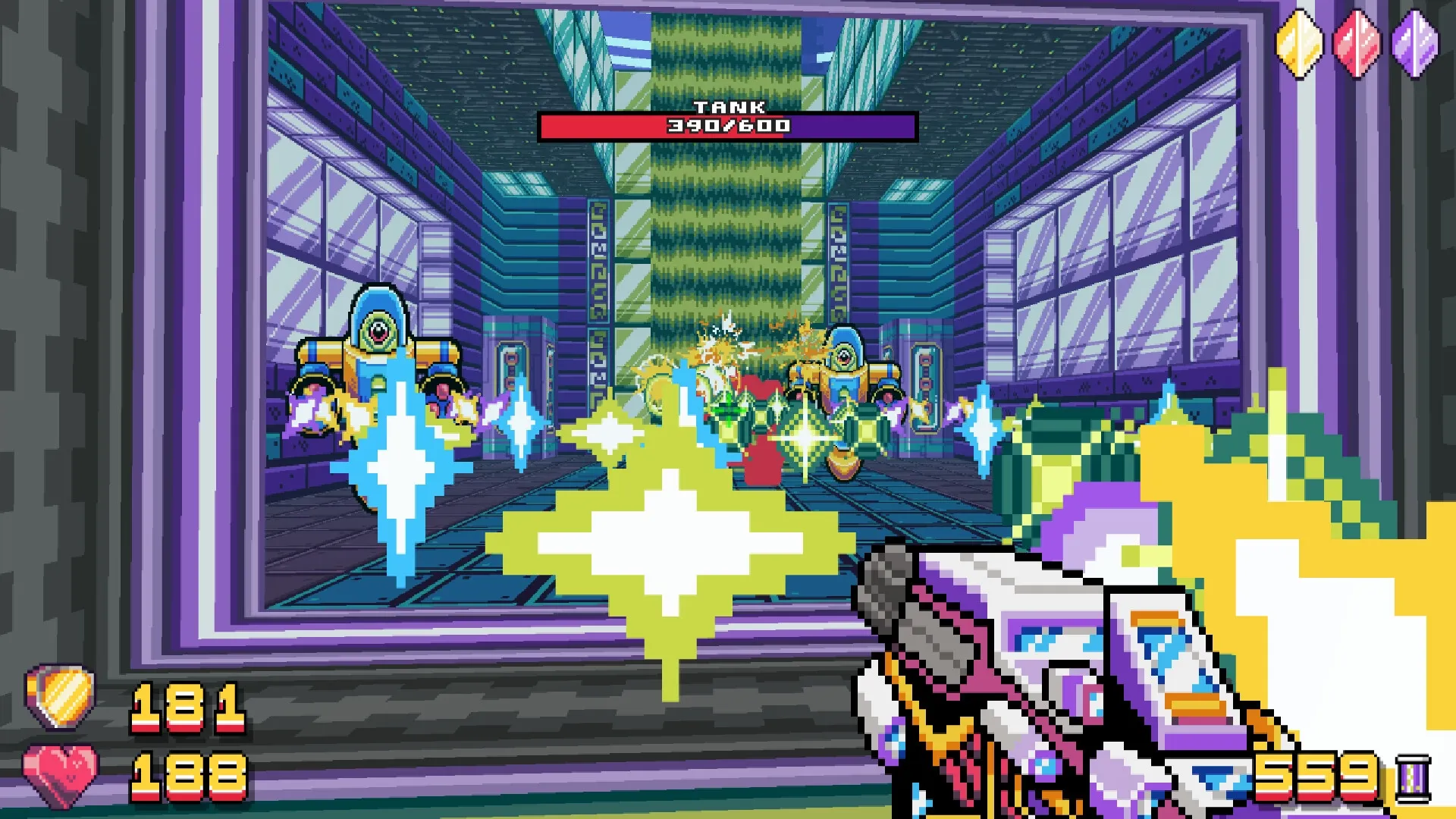 Mala Petaka: First-person combat with Petaka firing at one-eyed aliens in a futuristic corridor.