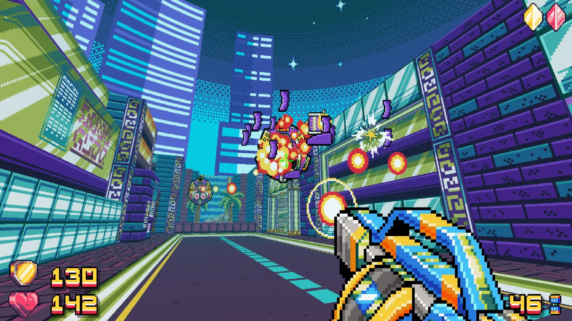 Mala Petaka: First-person combat with drones and aliens in a vibrant cityscape with neon skyscrapers.