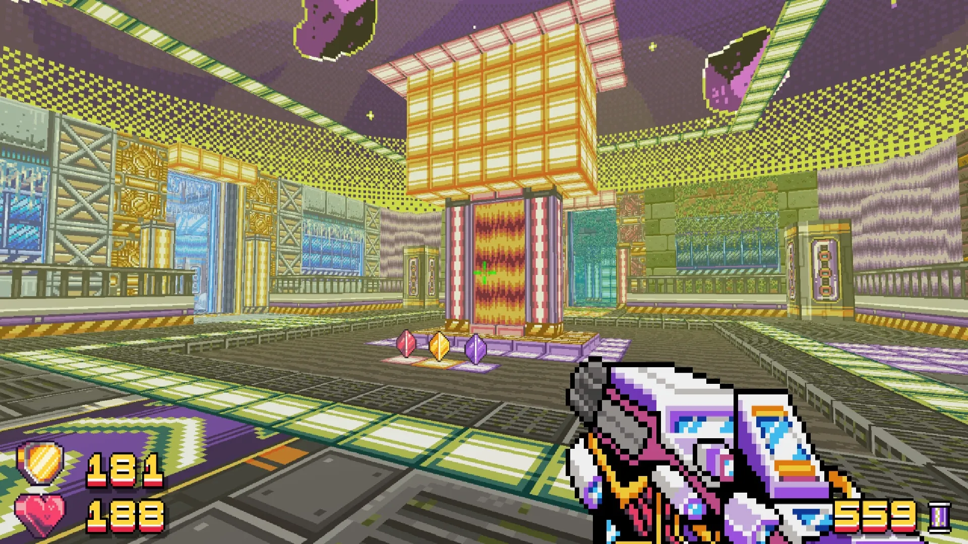 Mala Petaka: Petaka aiming in a futuristic room with warp portals and colorful crystals on the floor