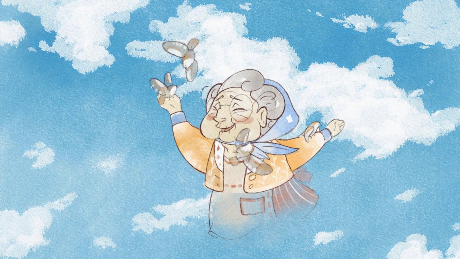 Mama: Elderly woman smiles with arms spread as butterflies flutter around her in cloudy blue sky.