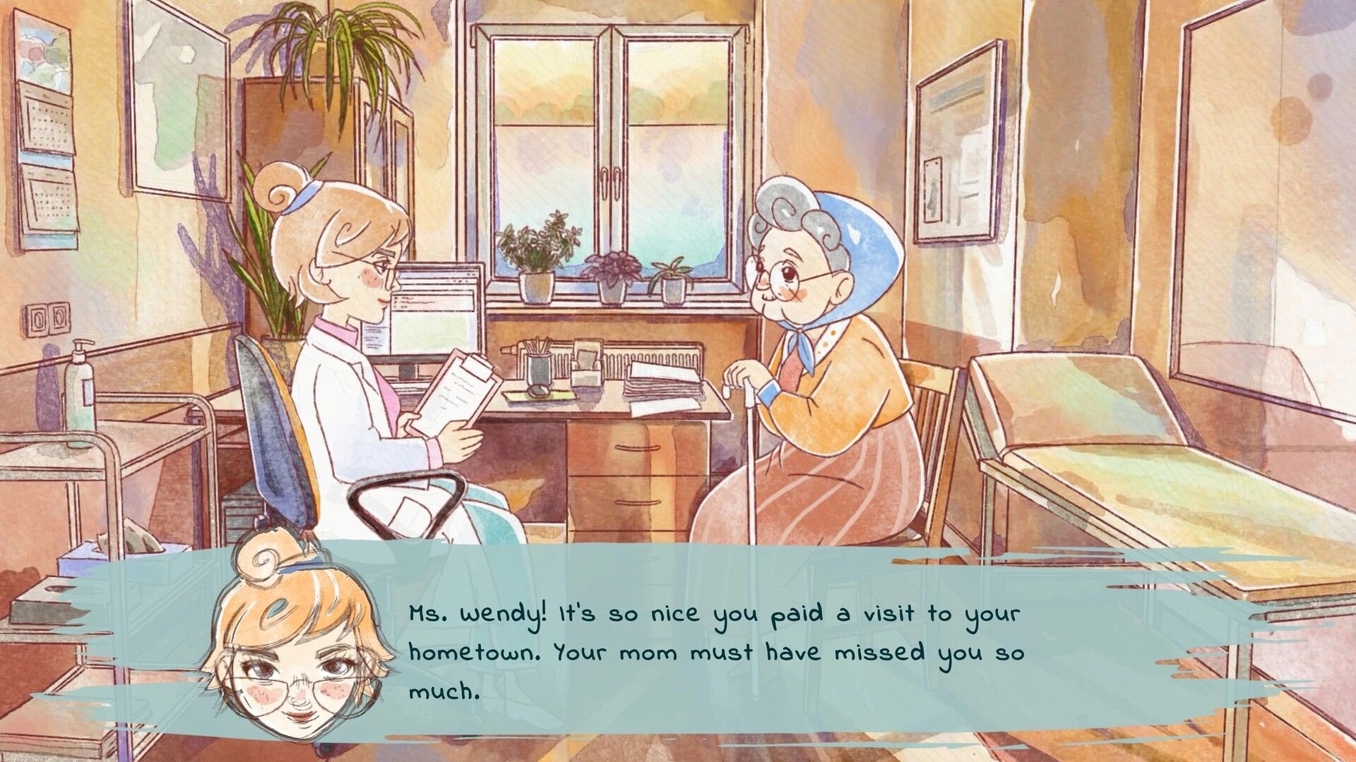 Mama: Dialogue scene with doctor reading clipboard to elderly woman in a cozy clinic room.