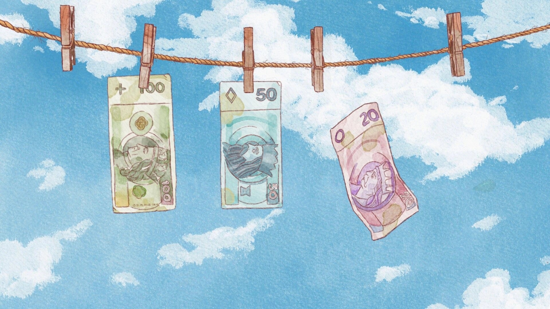 Mama: Three colorful banknotes clipped to a clothesline against a bright blue sky with clouds.