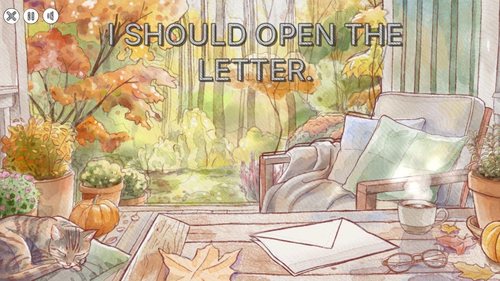 Mama: Prompt text “I SHOULD OPEN THE LETTER.” over cozy porch table with envelope, cat, plants.