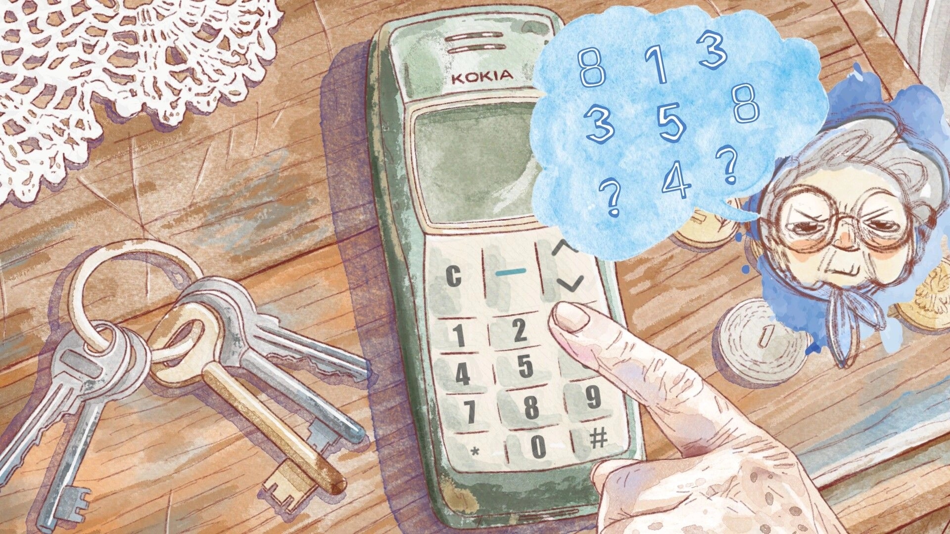 Mama: Finger presses keypad on cordless phone beside keys on table, blue thought bubble with numbers.