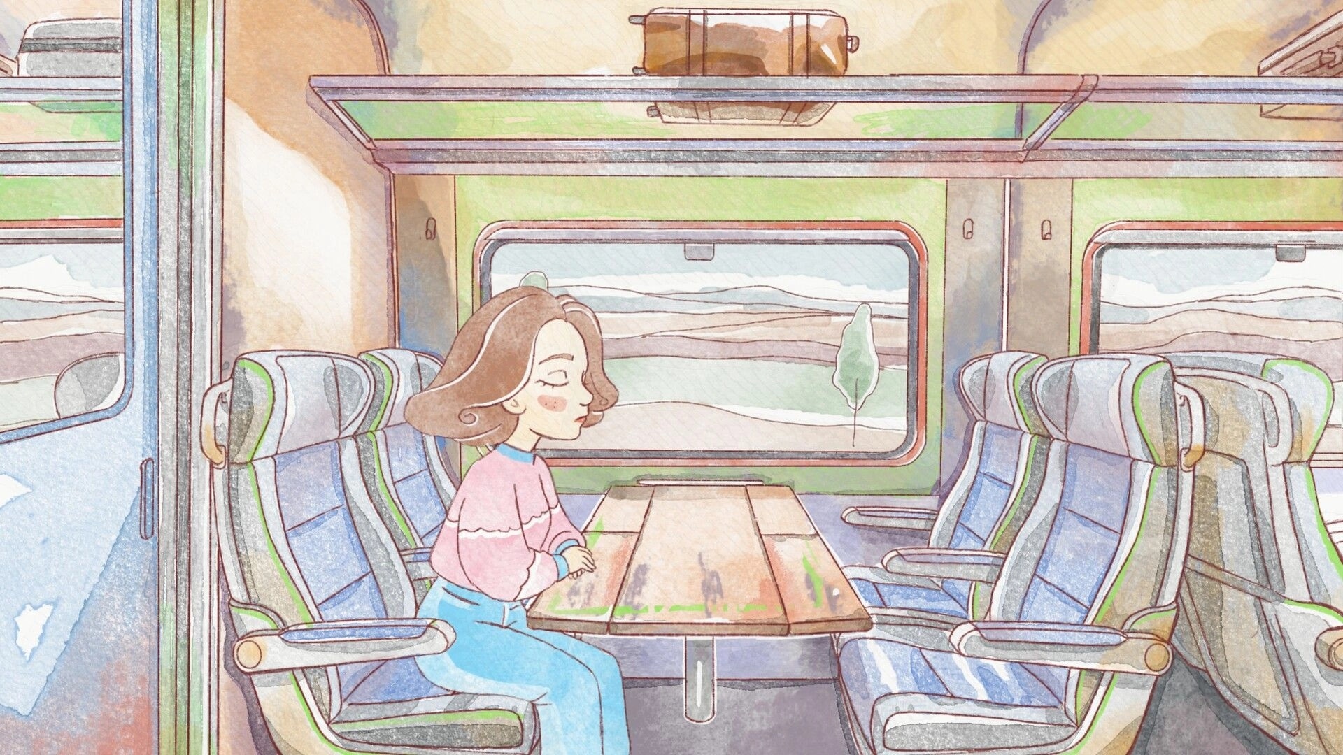 Mama: Young woman sits at a train table by window, empty seats and luggage rack overhead.
