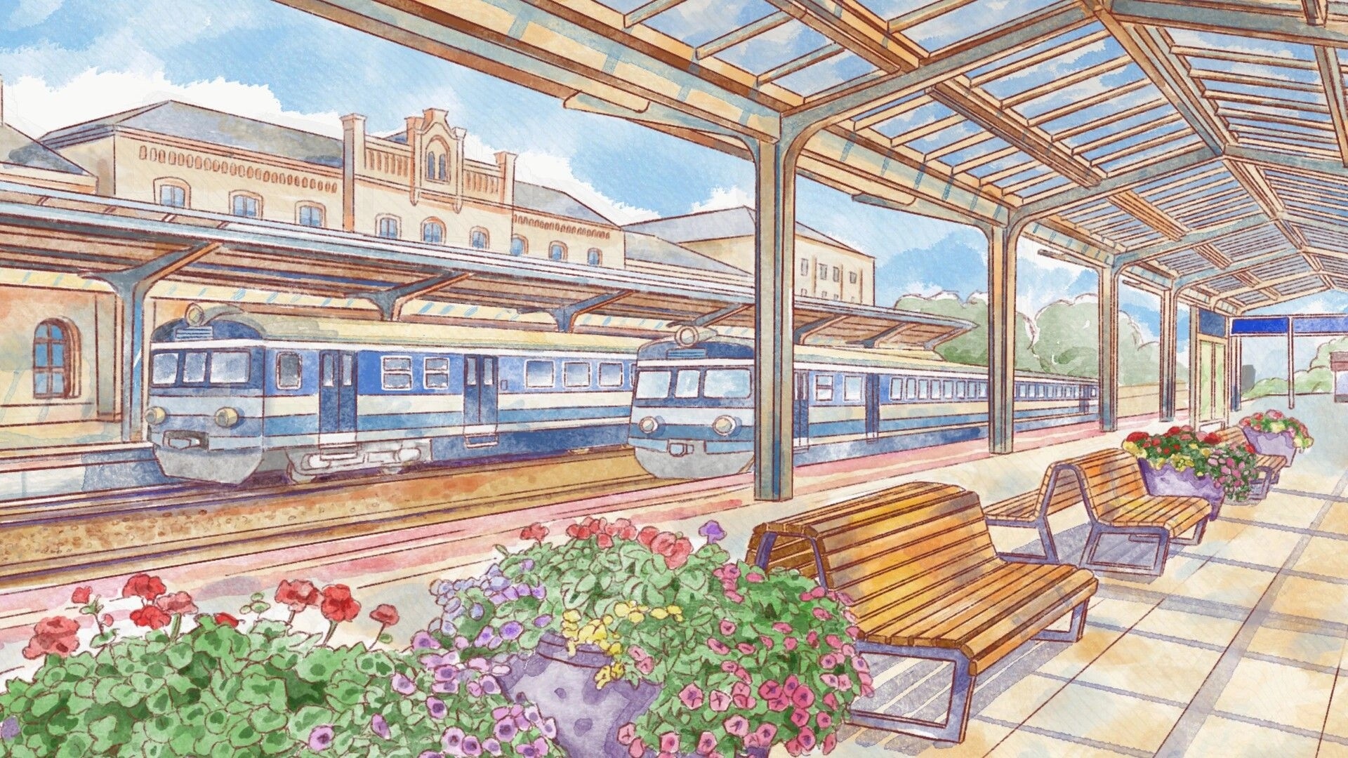 Mama: Quiet train station platform with blue trains, benches, and flower planters under canopy.