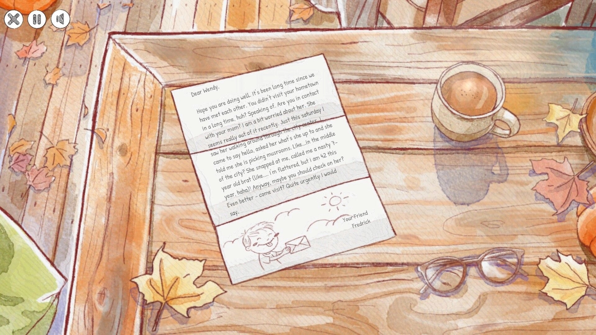 Mama: Letter on wooden table beside coffee cup and glasses, with pause and menu icons top left.