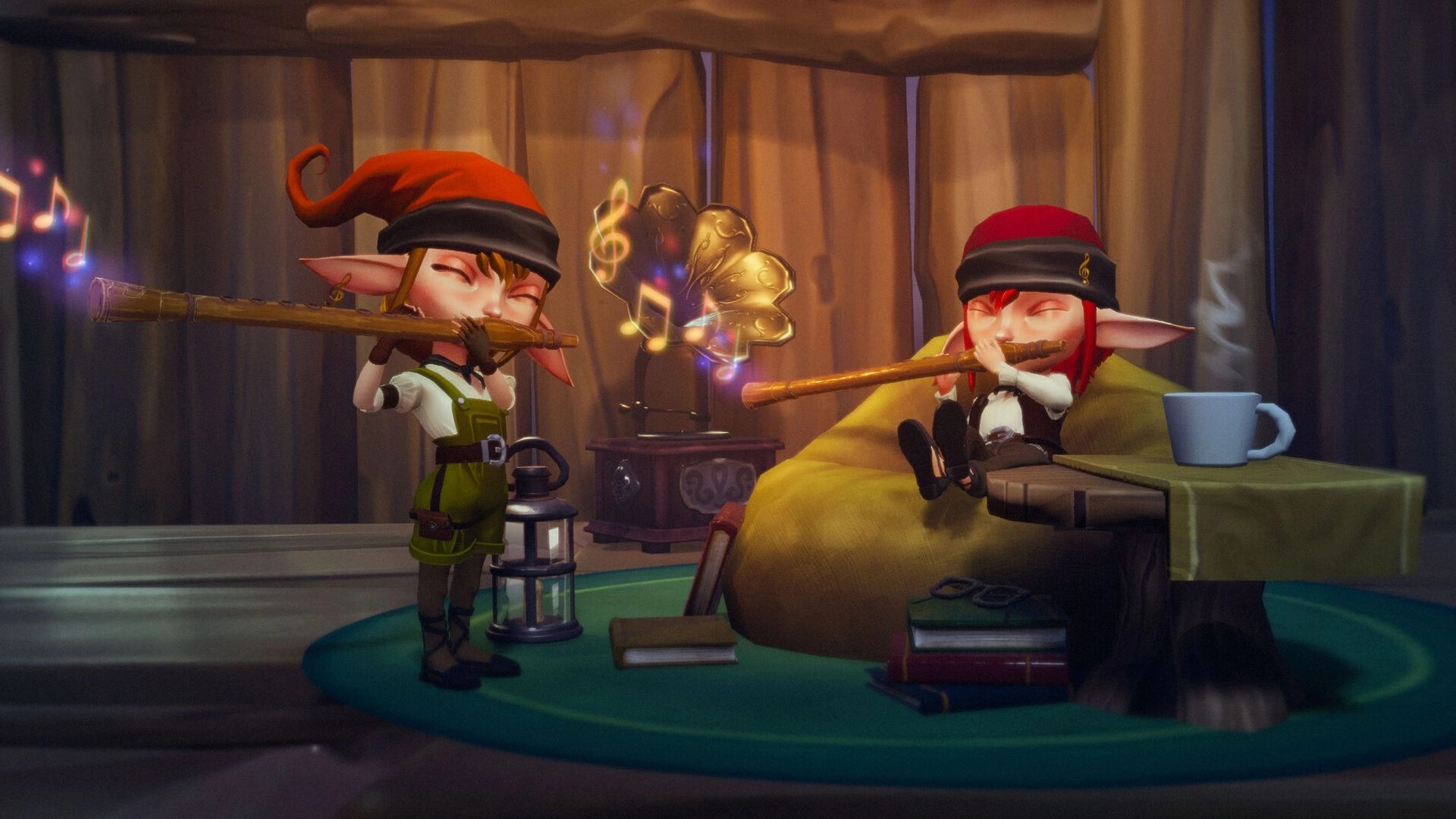 Manairons: Two characters playing flutes in cozy wooden room, musical notes floating around them