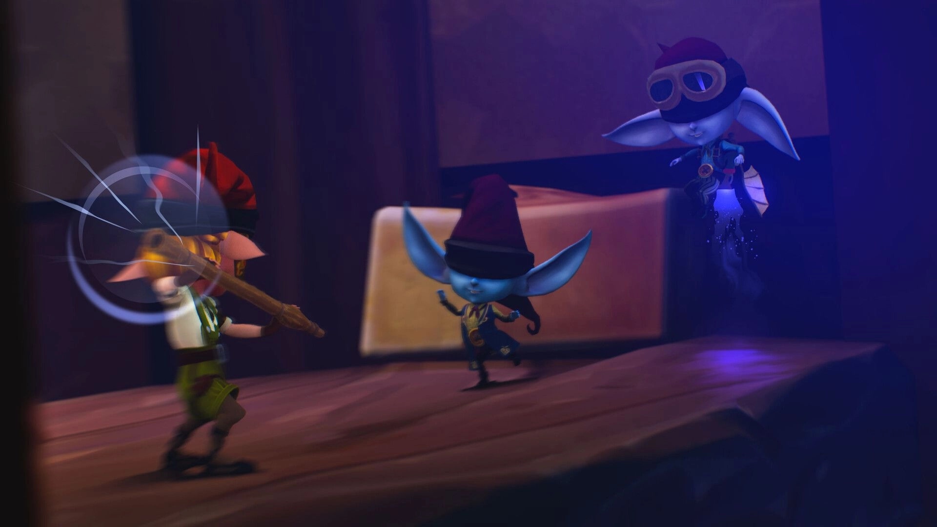 Manairons: Nai confronts two small creatures with a flute in a dimly lit wooden interior setting.